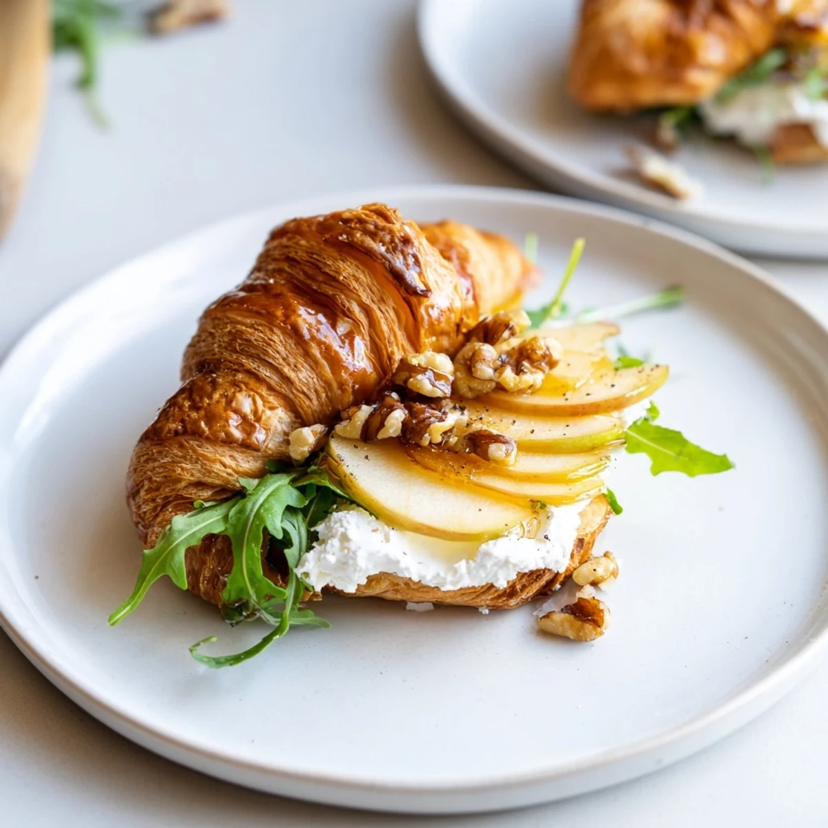 Buttery Apple Goat Cheese Croissant Sandwich with crisp apple slices and arugula