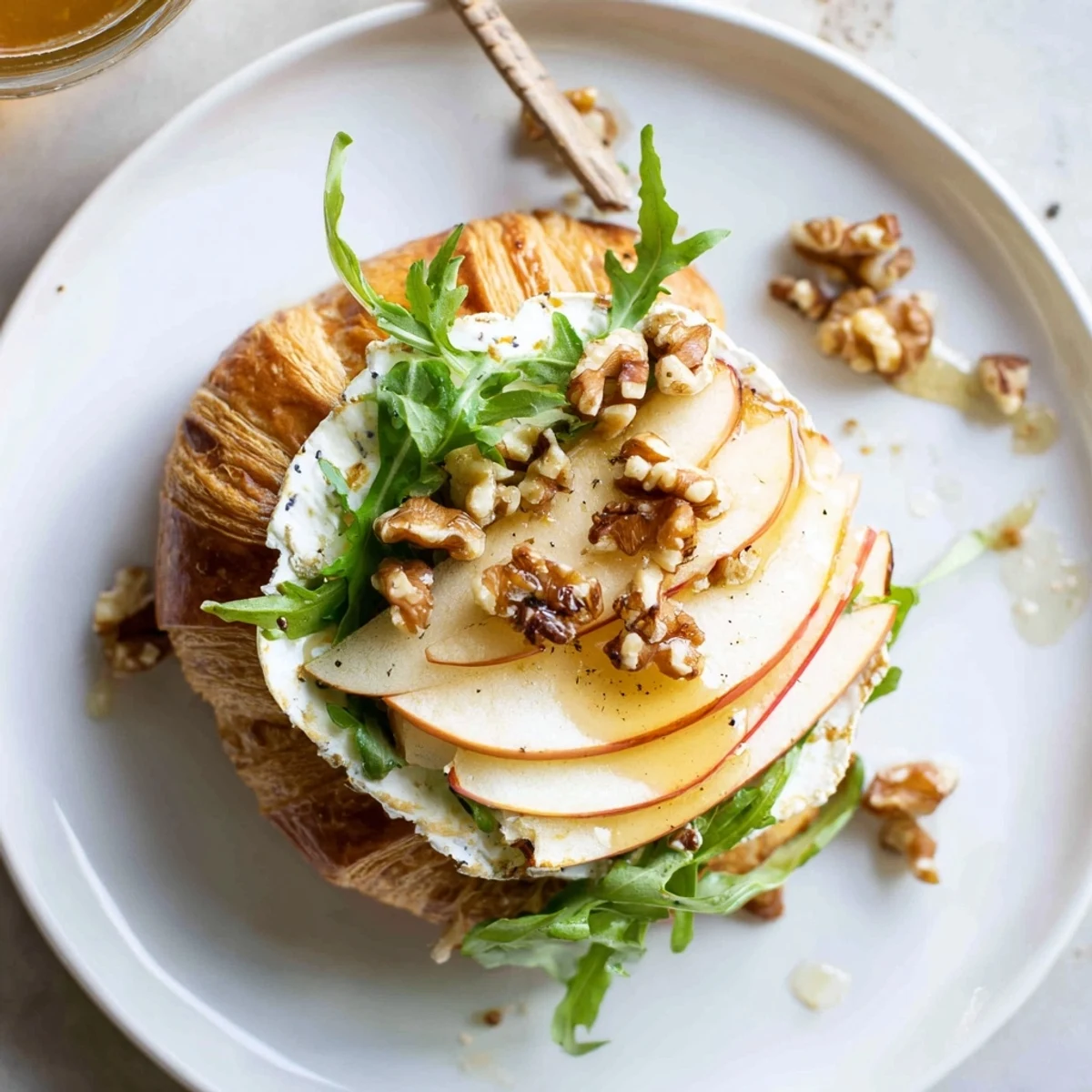 Open Apple Goat Cheese Croissant Sandwich drizzled with honey, walnuts adding crunchy texture