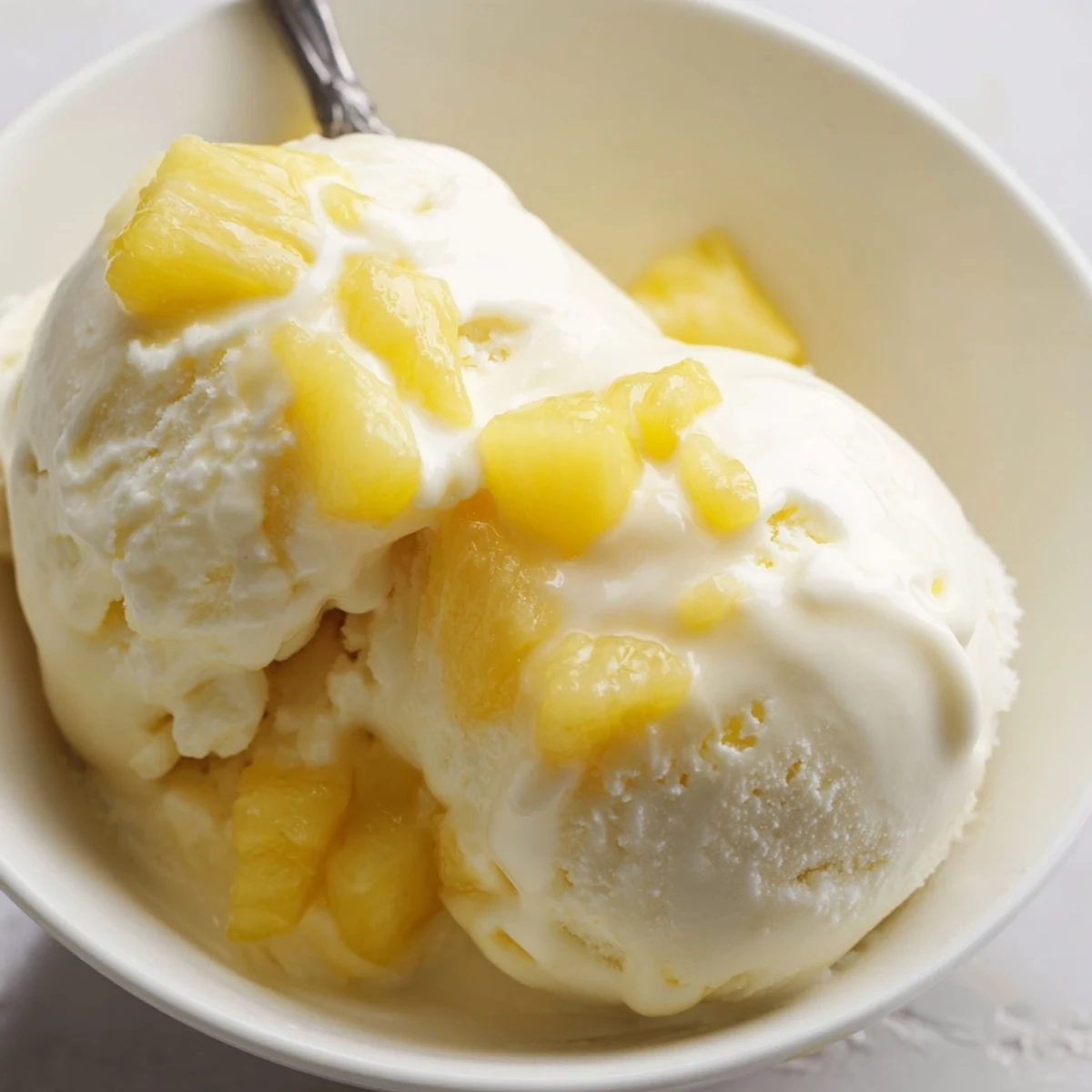 Chilled Homemade Creamy Pineapple Ice Cream topped with toasted coconut and lime