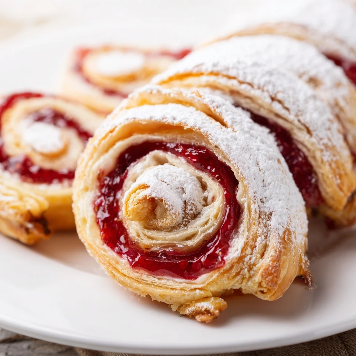 Golden raspberry puff pastry rolls spiraled with sweet red preserves and dusted with white powdered sugar