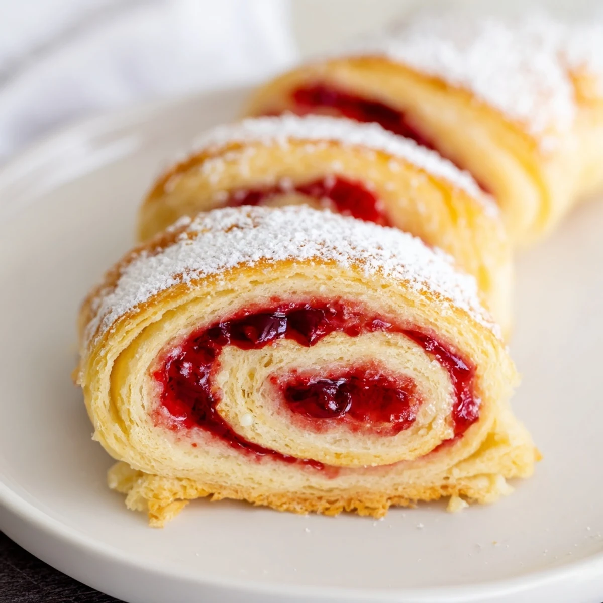 Flaky baked raspberry puff pastry rolls featuring vibrant red jam filling on a white serving plate
