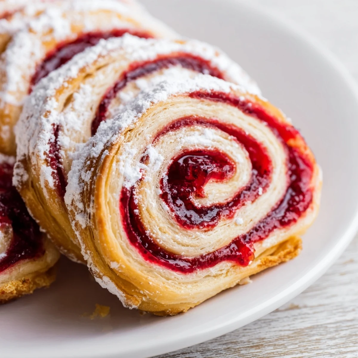 Freshly baked raspberry puff pastry rolls with glossy fruit centers and delicate sugar dusting on a rustic wooden board