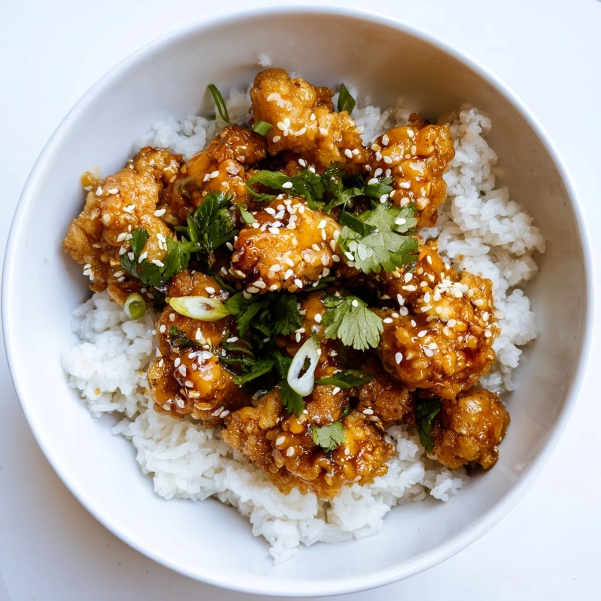 Golden crispy chicken tossed in spicy bang bang sauce over fluffy jasmine rice with colorful fresh vegetables