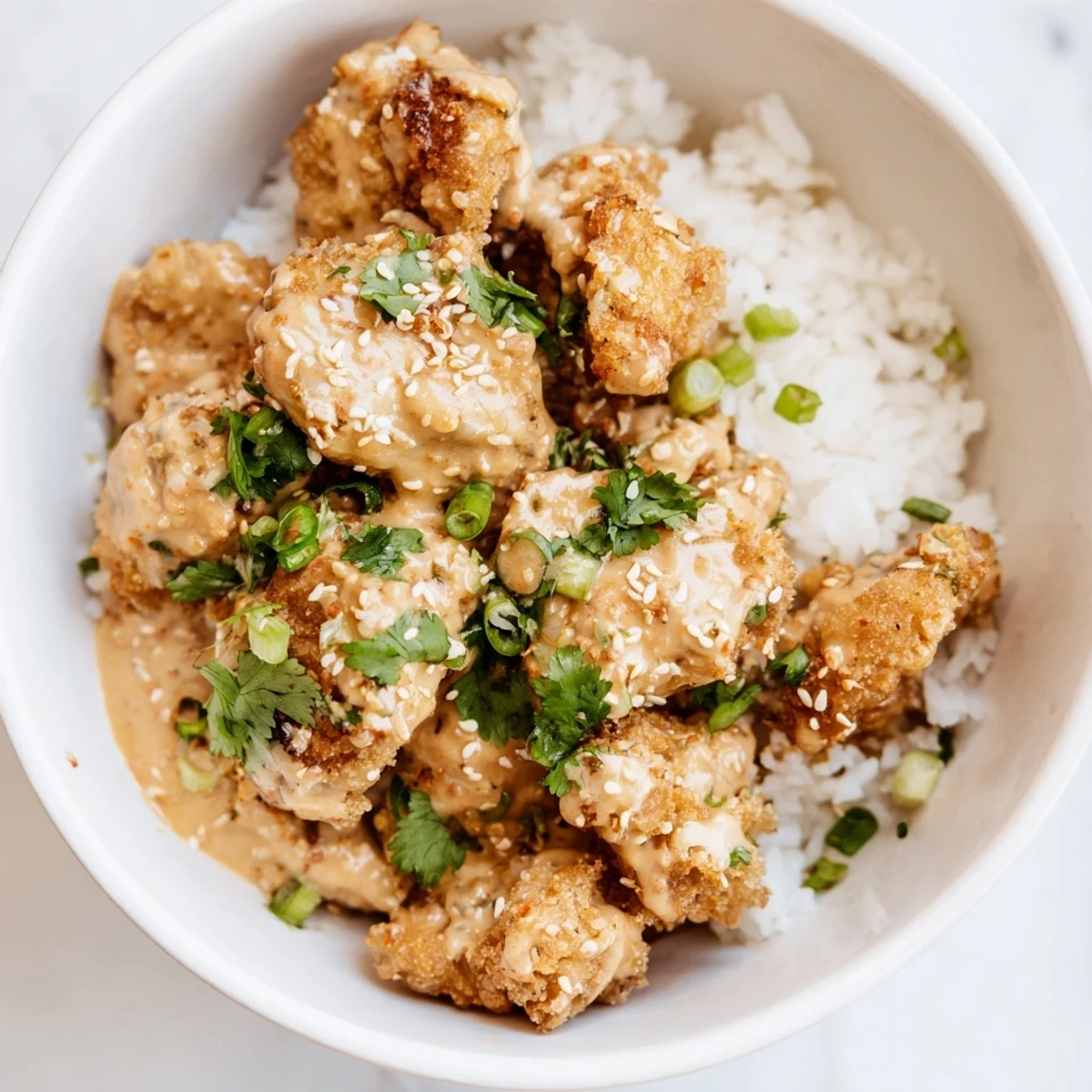 Crispy fried chicken coated in sweet spicy bang bang sauce served over rice with purple cabbage and lime