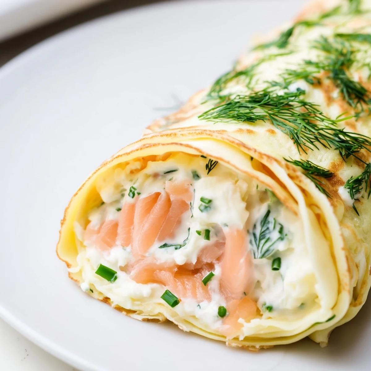 Elegant brunch platter featuring French-style smoked salmon crepes topped with sour cream and black pepper