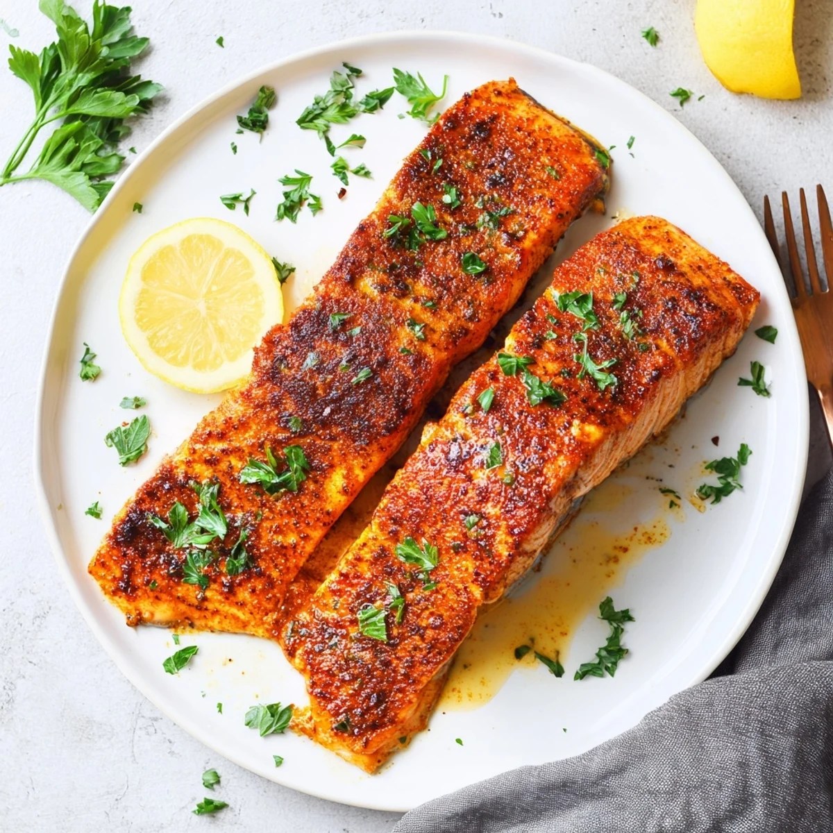 Golden baked Cajun honey salmon fillet brushed with sweet spicy glaze on white plate