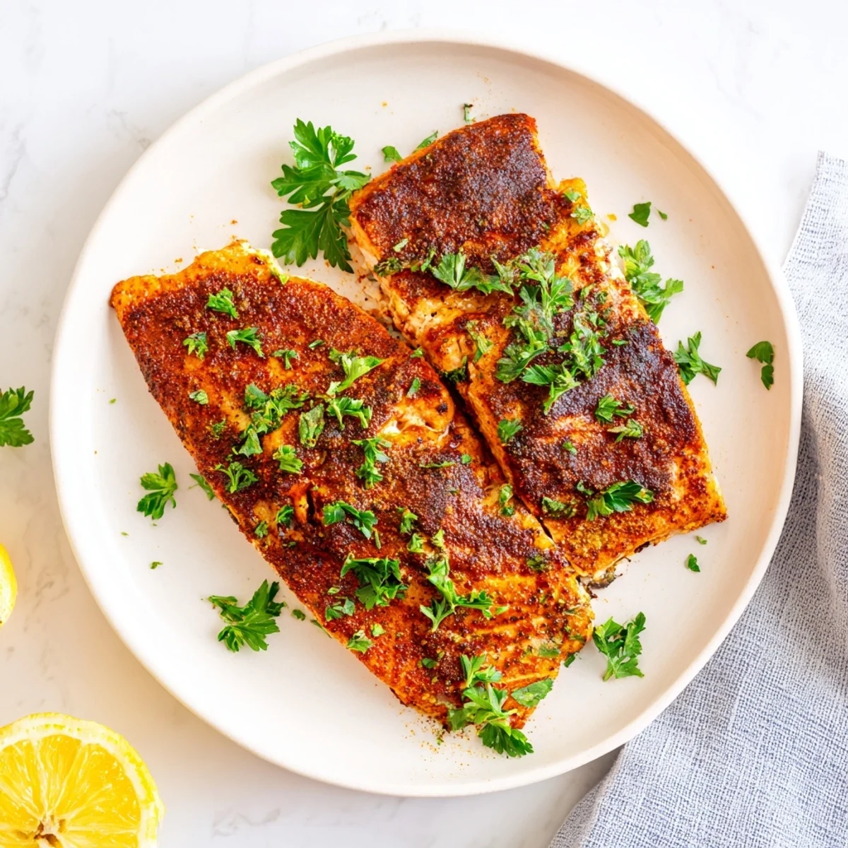 Cajun honey salmon recipe showing flaky fish with sweet glaze and lemon wedges