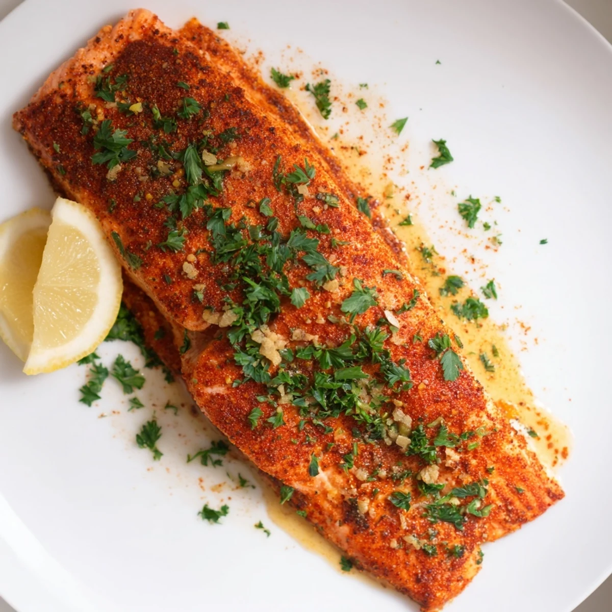 Oven-roasted salmon with reddish Cajun spice rub and caramelized honey coating garnished with parsley
