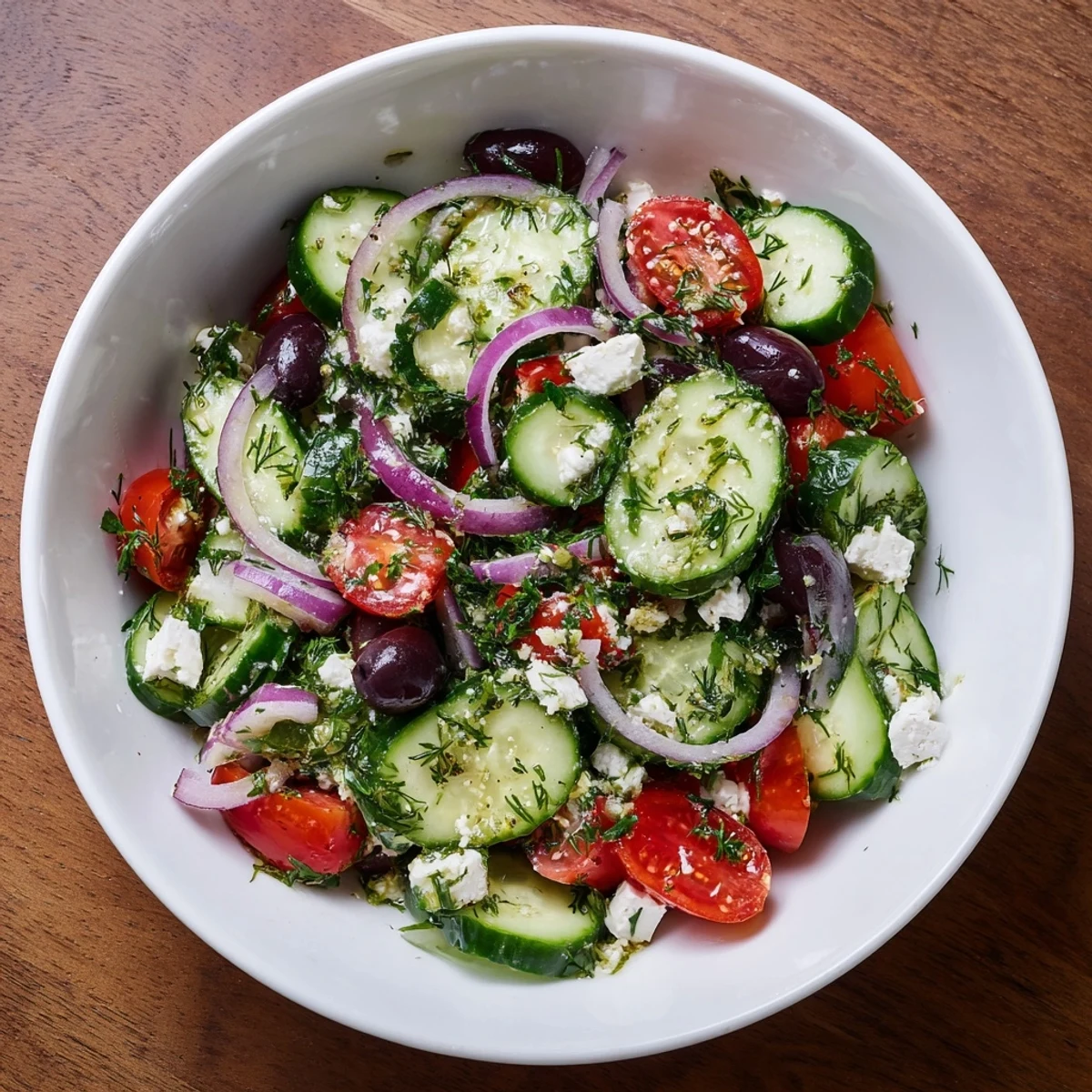 Colorful Mediterranean cucumber salad recipe dressed with olive oil and lemon, topped with tangy feta cheese crumbles