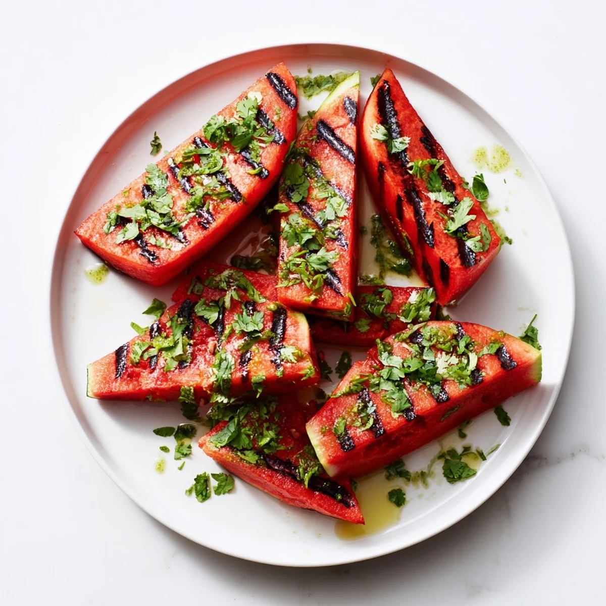 Cilantro lime grilled watermelon slices displaying charred grill marks and bright green herb garnish