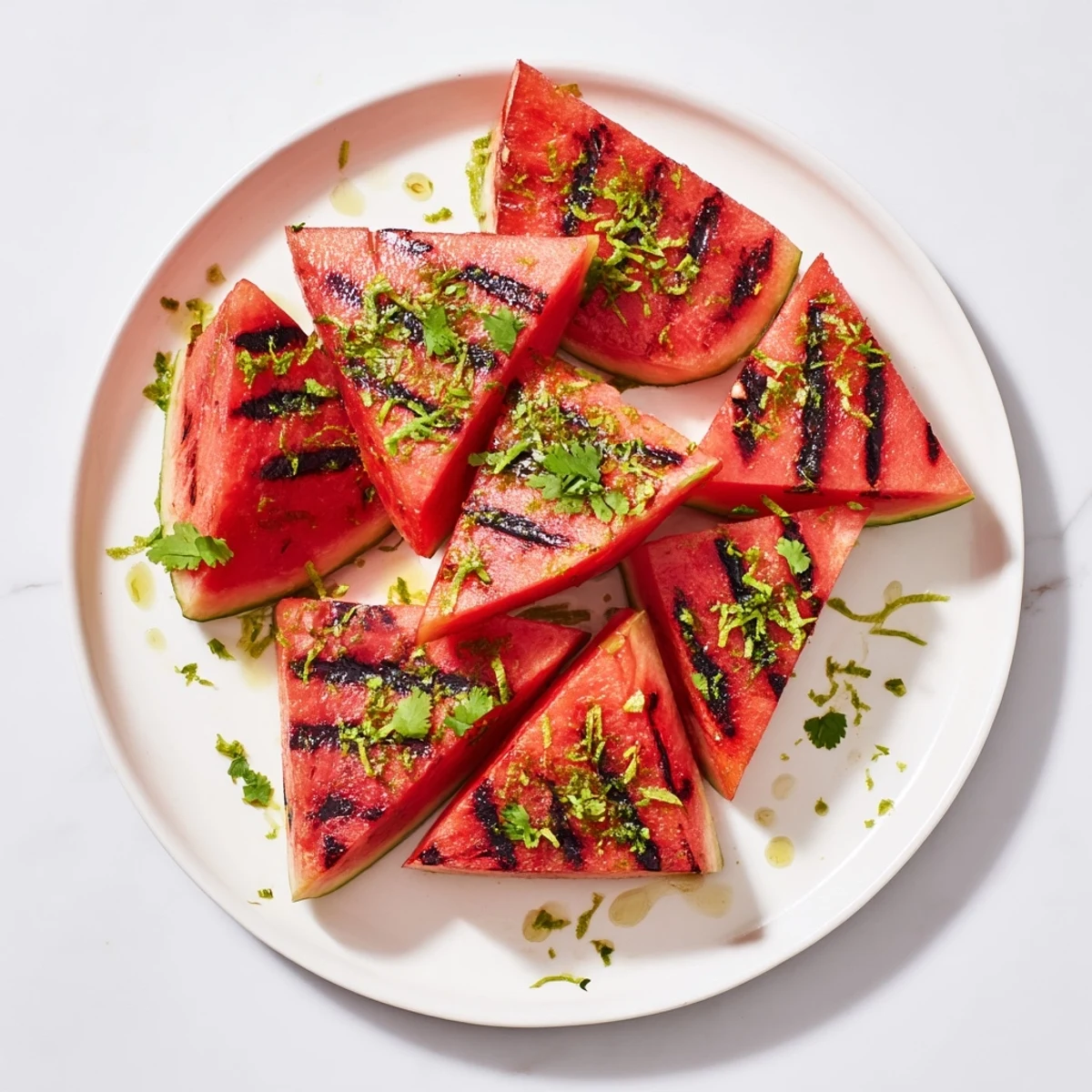 Grilled watermelon wedges topped with fresh cilantro and zesty lime on a white serving platter