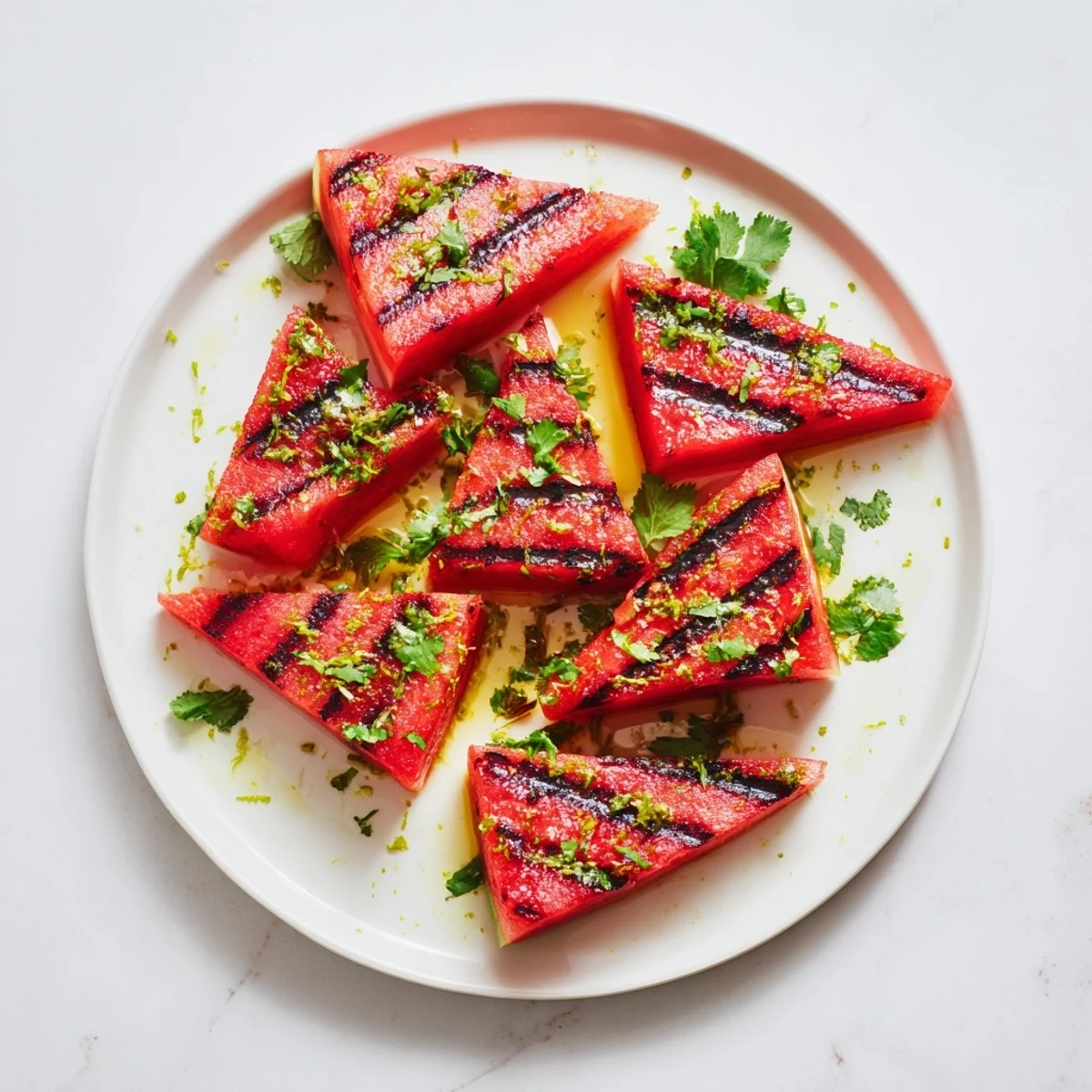 Summer side dish featuring smoky grilled watermelon drizzled with lime juice and sprinkled with chopped cilantro