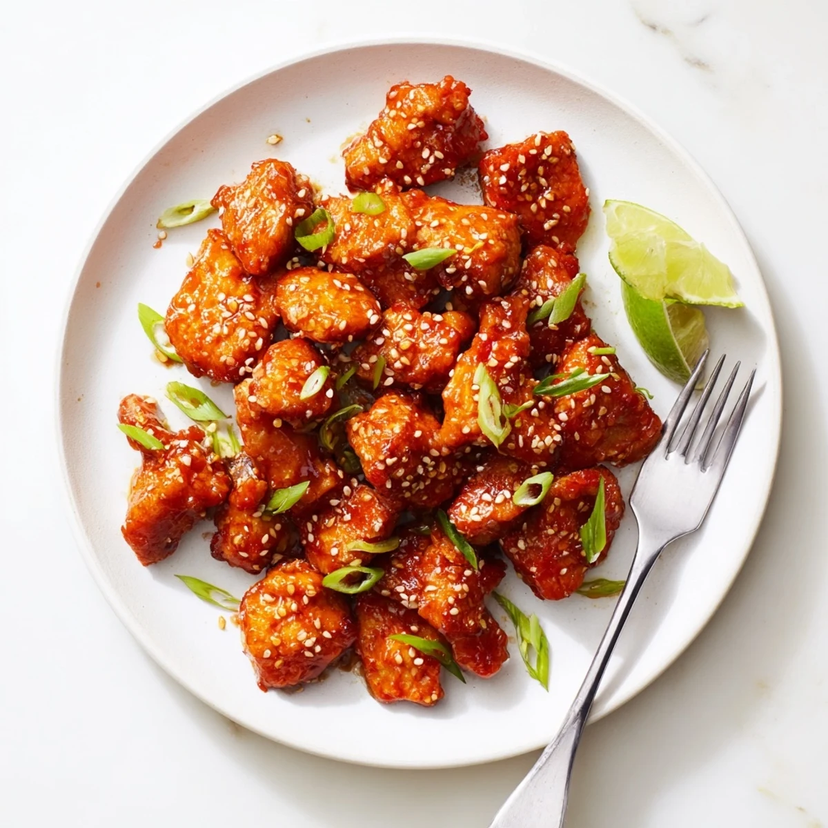 Golden brown spicy honey sriracha chicken pieces glazed in a sticky red sauce with sesame seeds and fresh green onions