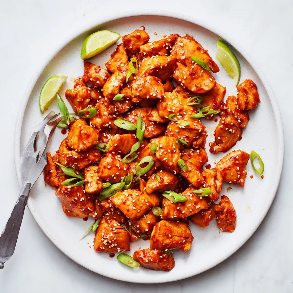 Sizzling spicy honey sriracha chicken in a glossy caramelized sauce garnished with toasted sesame seeds and sliced scallions