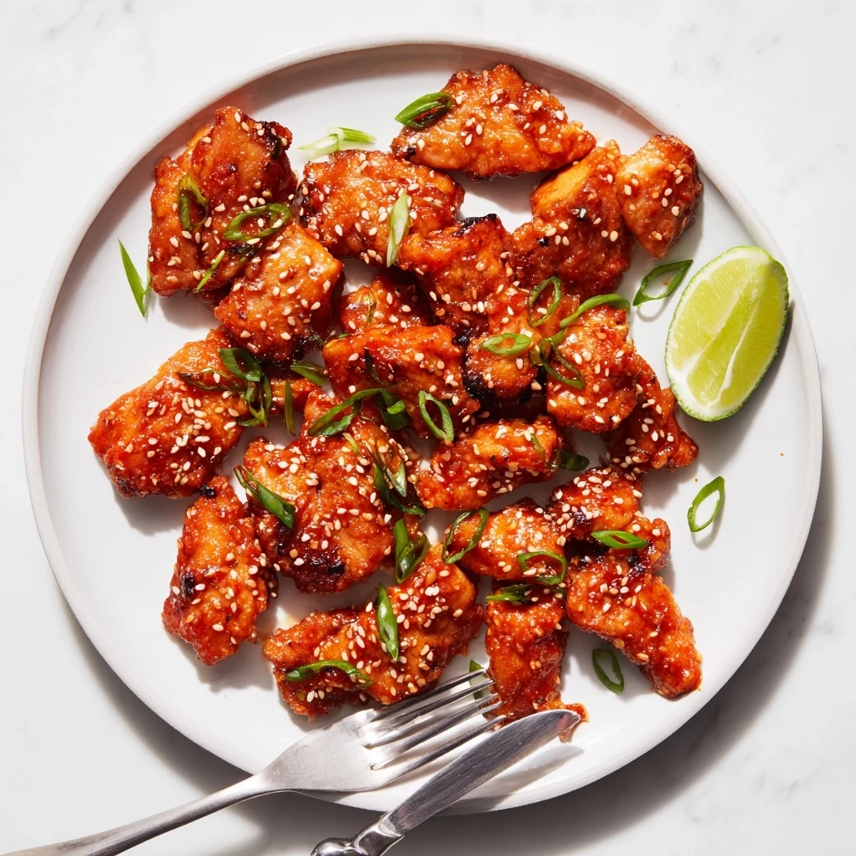 Juicy chicken thighs coated in a sweet spicy honey sriracha glaze served over steaming white rice with lime wedges