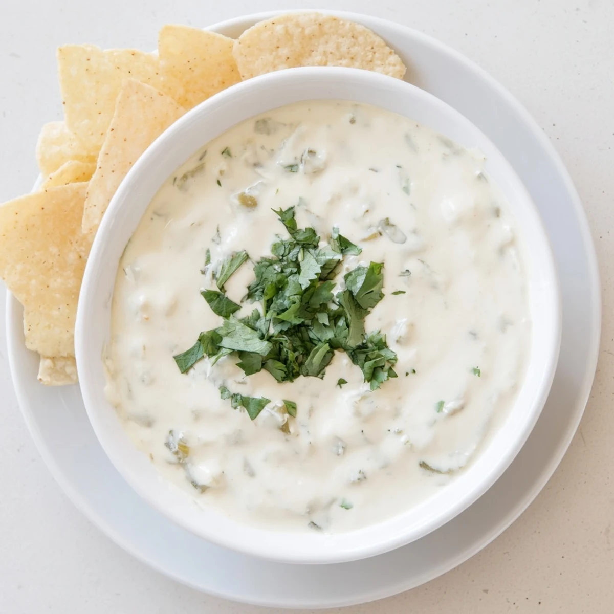 Creamy white Mexican sauce bowl garnished with fresh cilantro and lime wedges on wooden table