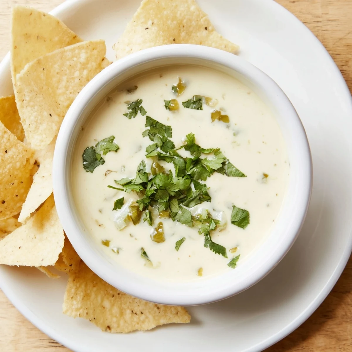 Smooth white dip served with tortilla chips in rustic bowl featuring jalapeño and cumin spices