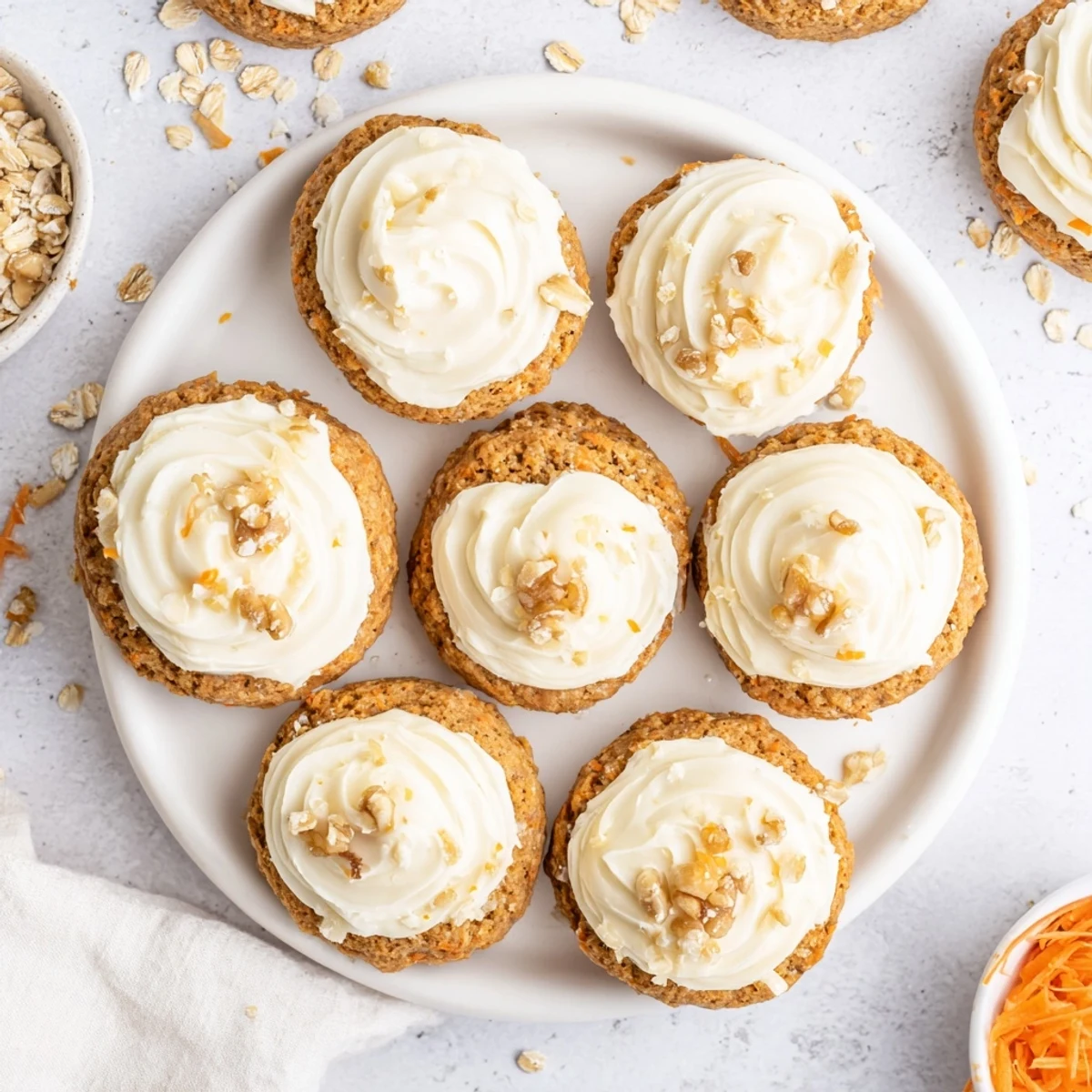 Golden spiced carrot cake cookies studded with grated carrots and oats on a white plate
