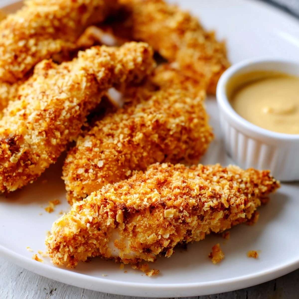 Golden honey mustard chicken tenders with crispy breaded coating served alongside tangy dipping sauce