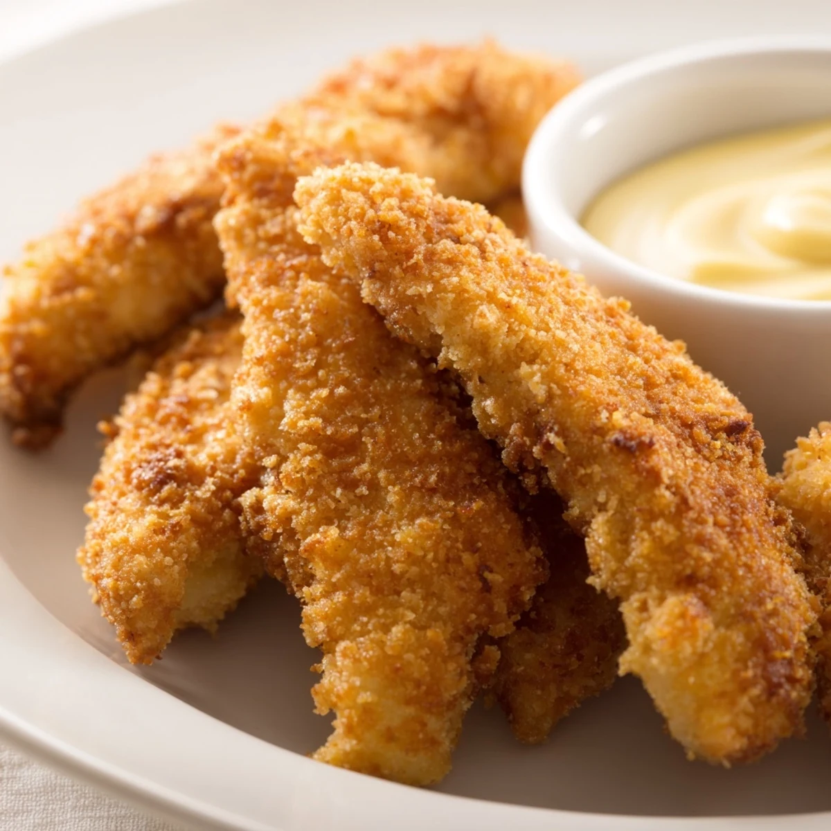 Homemade honey mustard chicken tenders recipe featuring golden fried strips with sweet creamy sauce