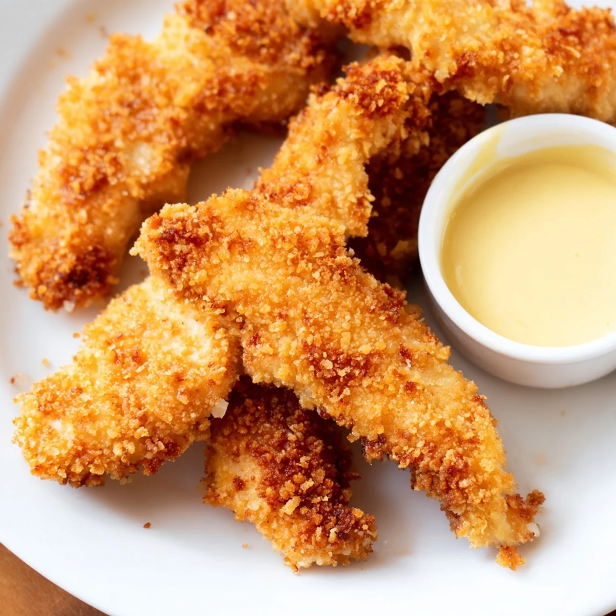 Family-friendly honey mustard chicken tenders plated with honey dipping sauce for easy weeknight dinners