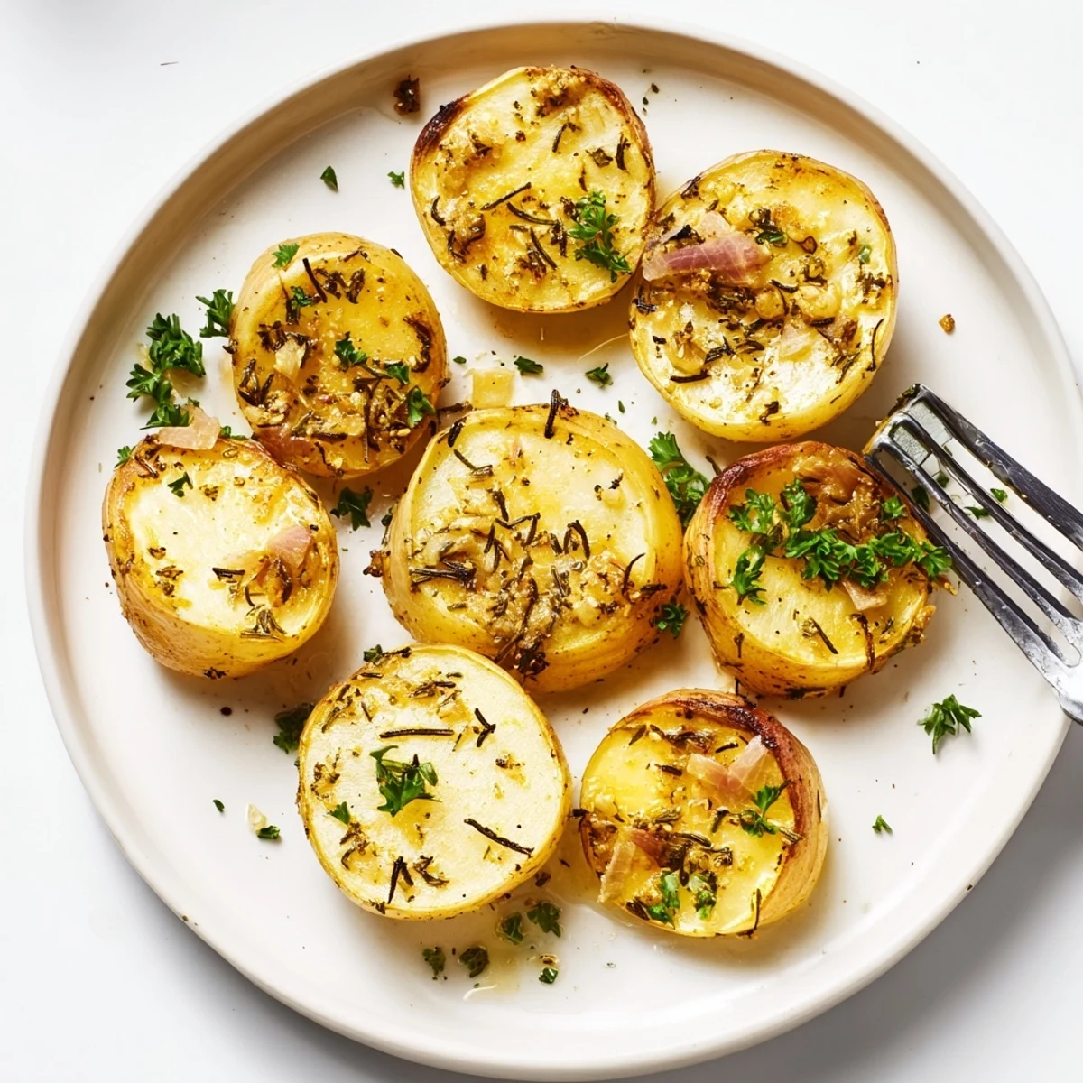 Golden brown savory garlic herb roasted radishes arranged on a white serving platter with fresh parsley garnish