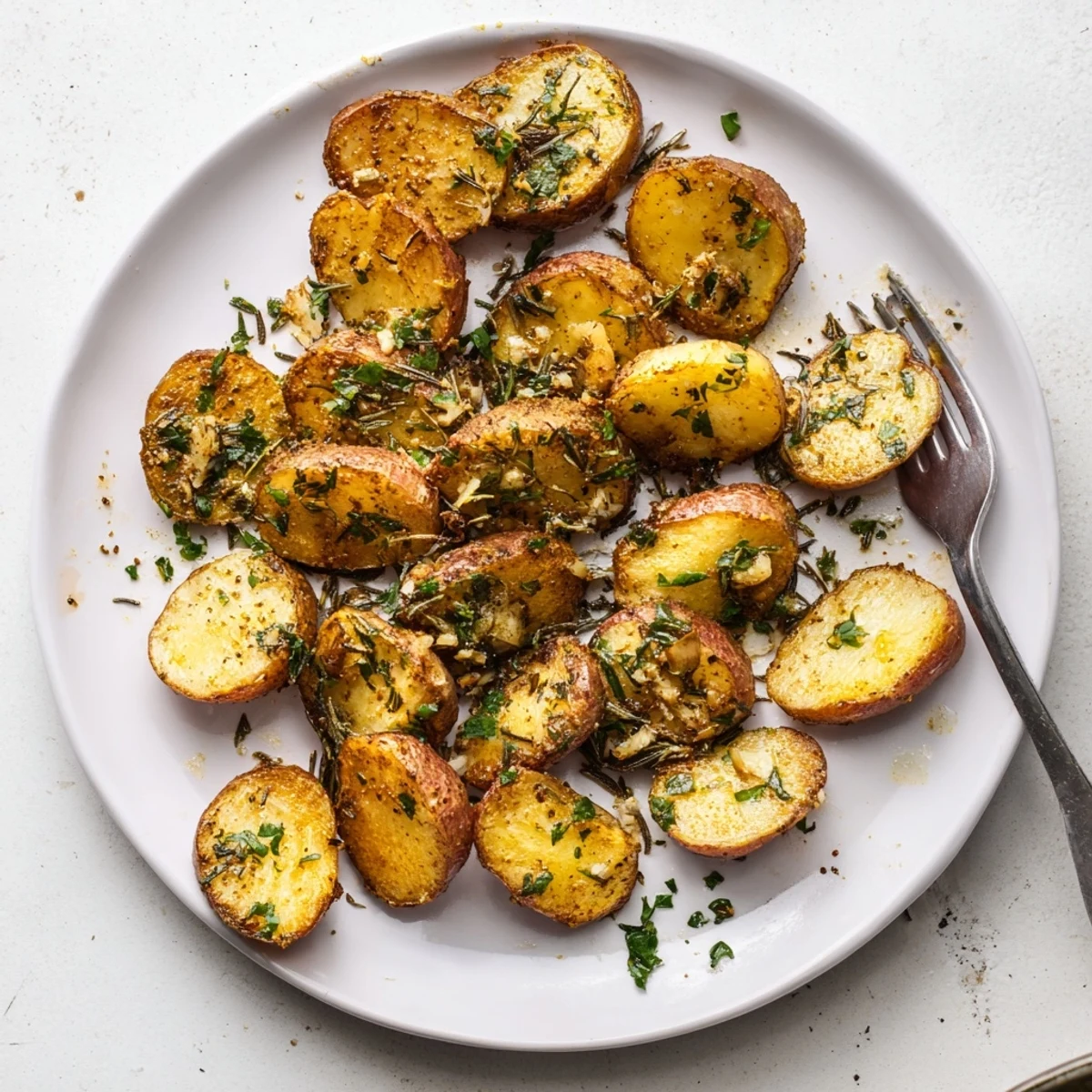 Tender halved radishes roasted to perfection with minced garlic and herbs in a rustic ceramic baking dish
