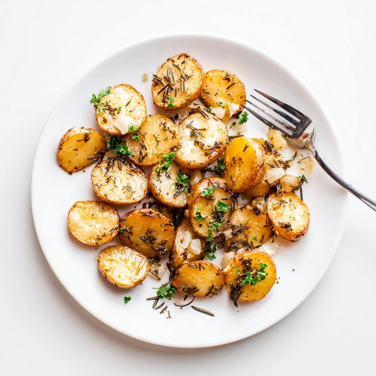 Close-up of fork-tender low-carb roasted radishes coated with olive oil, thyme, rosemary and golden garlic cloves