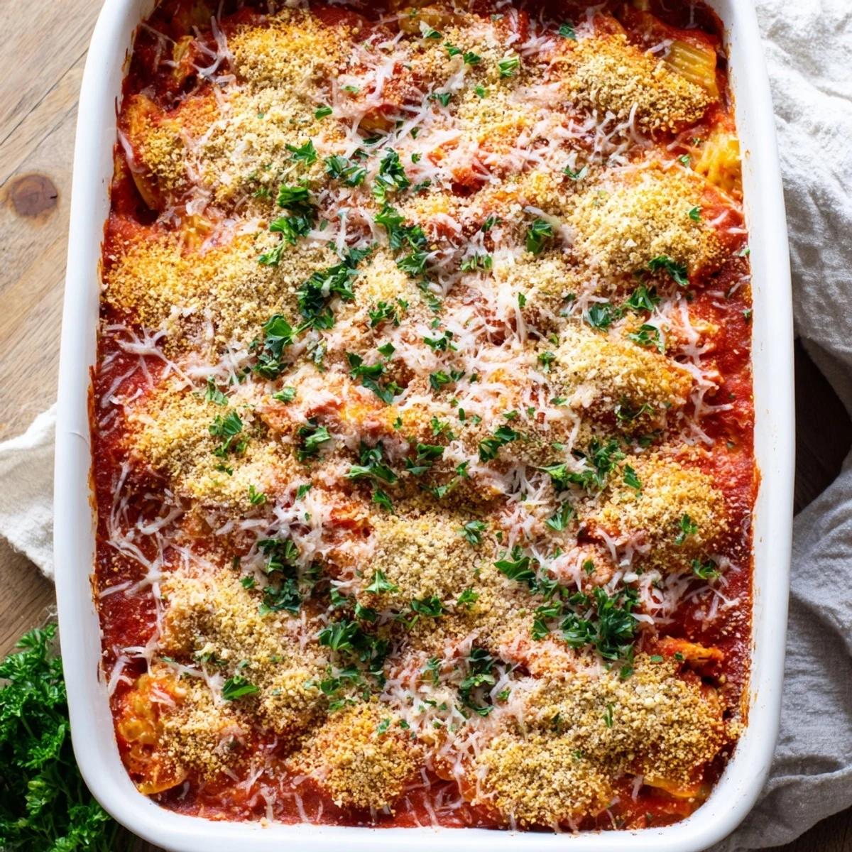Bubbling Chicken Parmesan Casserole fresh from oven featuring melted cheese and golden panko crust