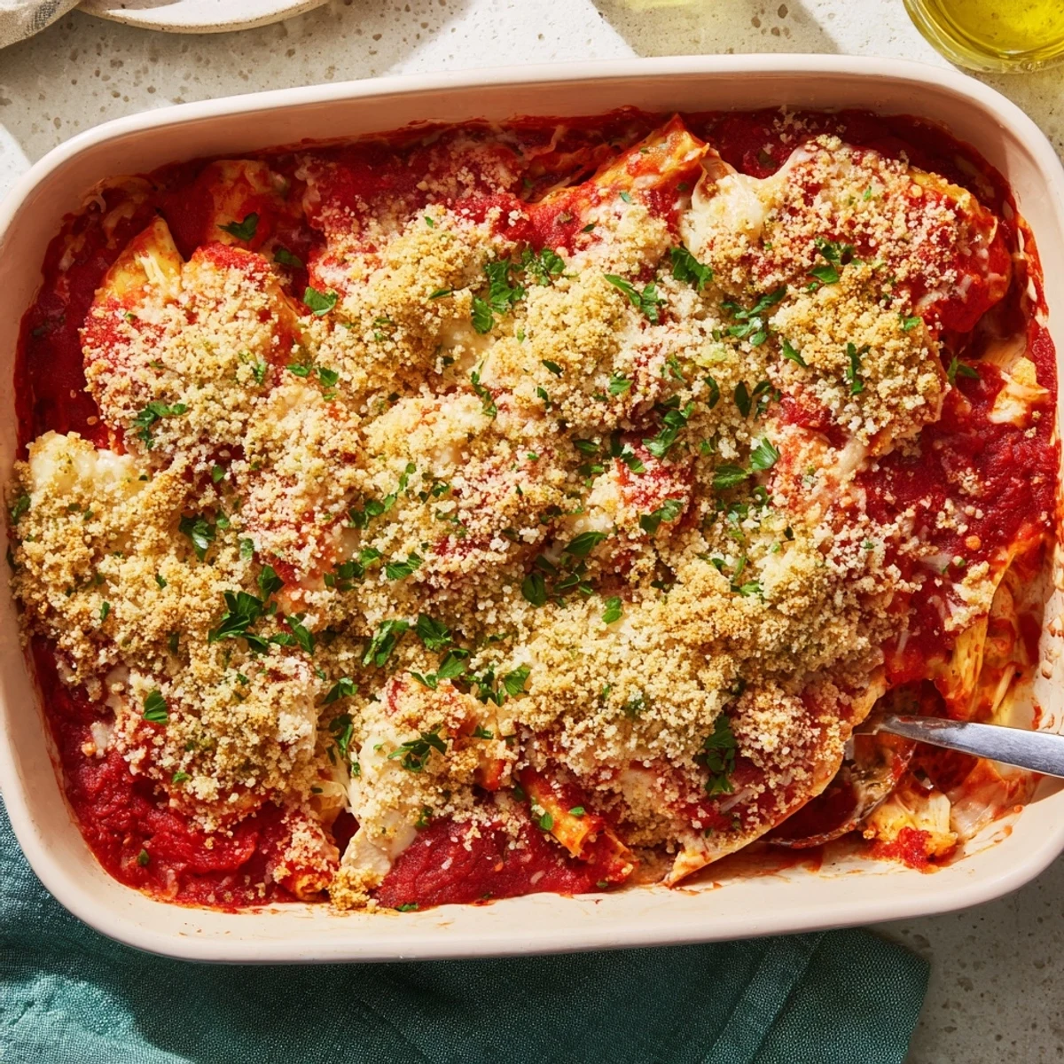Golden brown Chicken Parmesan Casserole with bubbling mozzarella and crispy buttered breadcrumb topping