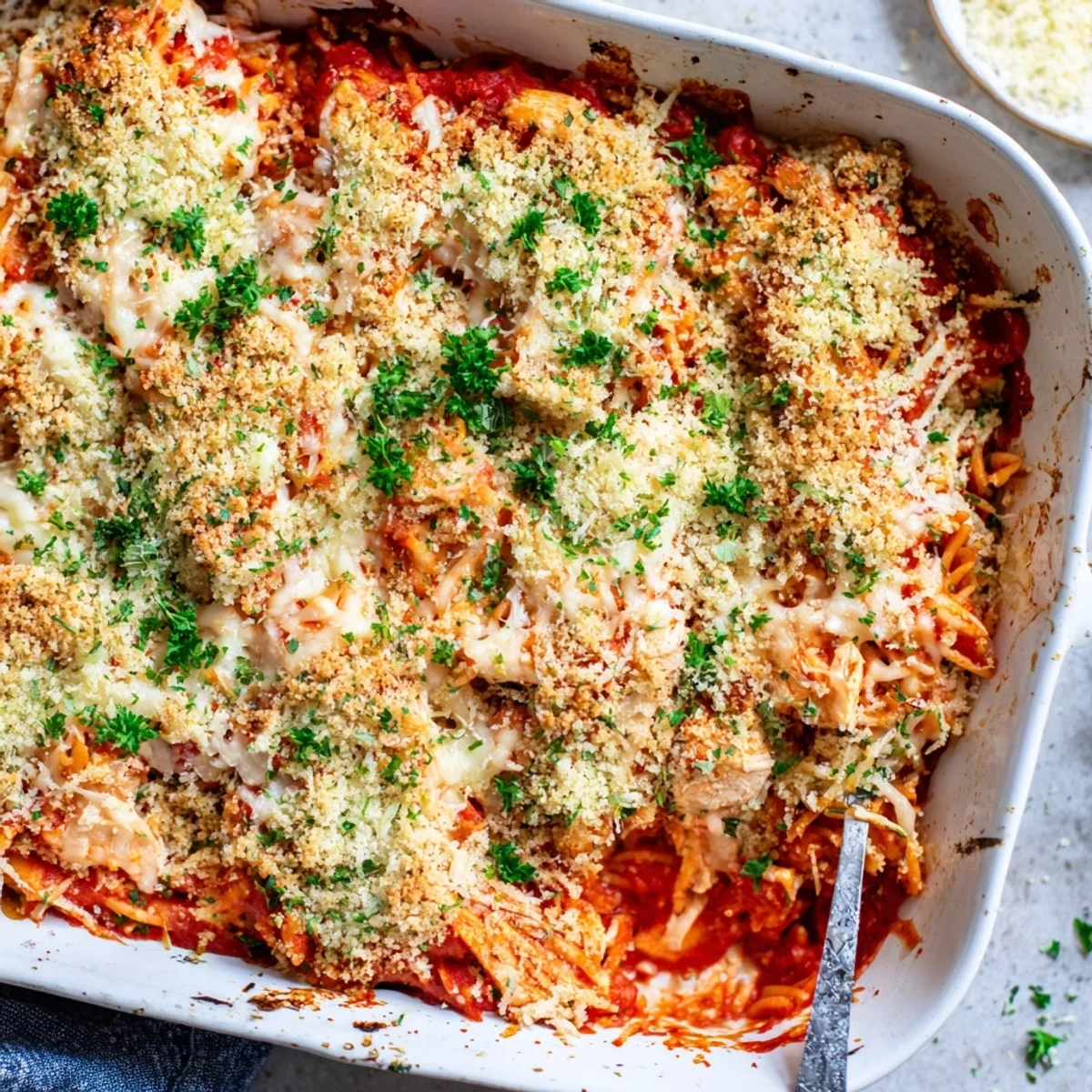 Family style Chicken Parmesan Casserole dish layered with marinara sauce and melted mozzarella cheese
