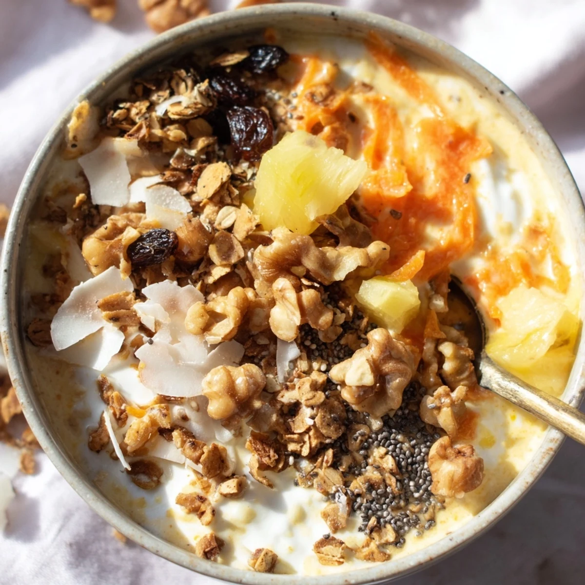 Creamy carrot cake yogurt bowl topped with grated carrots, walnuts, raisins, coconut, and warm spices