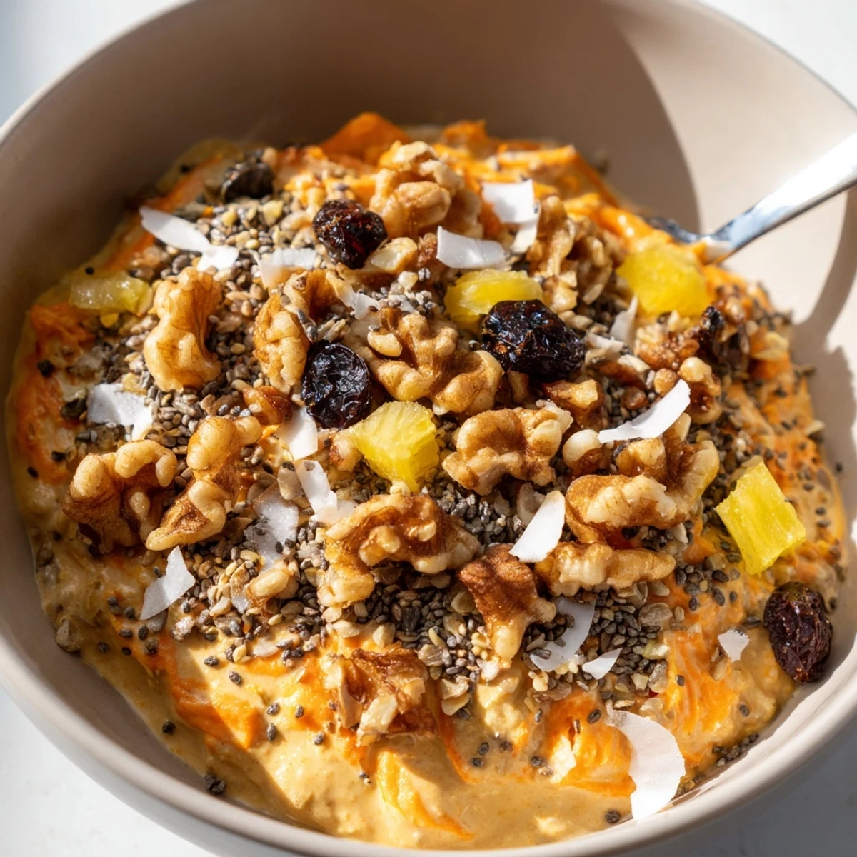 Healthy carrot cake yogurt bowl layered with spiced Greek yogurt, granola, shredded coconut, and pecans