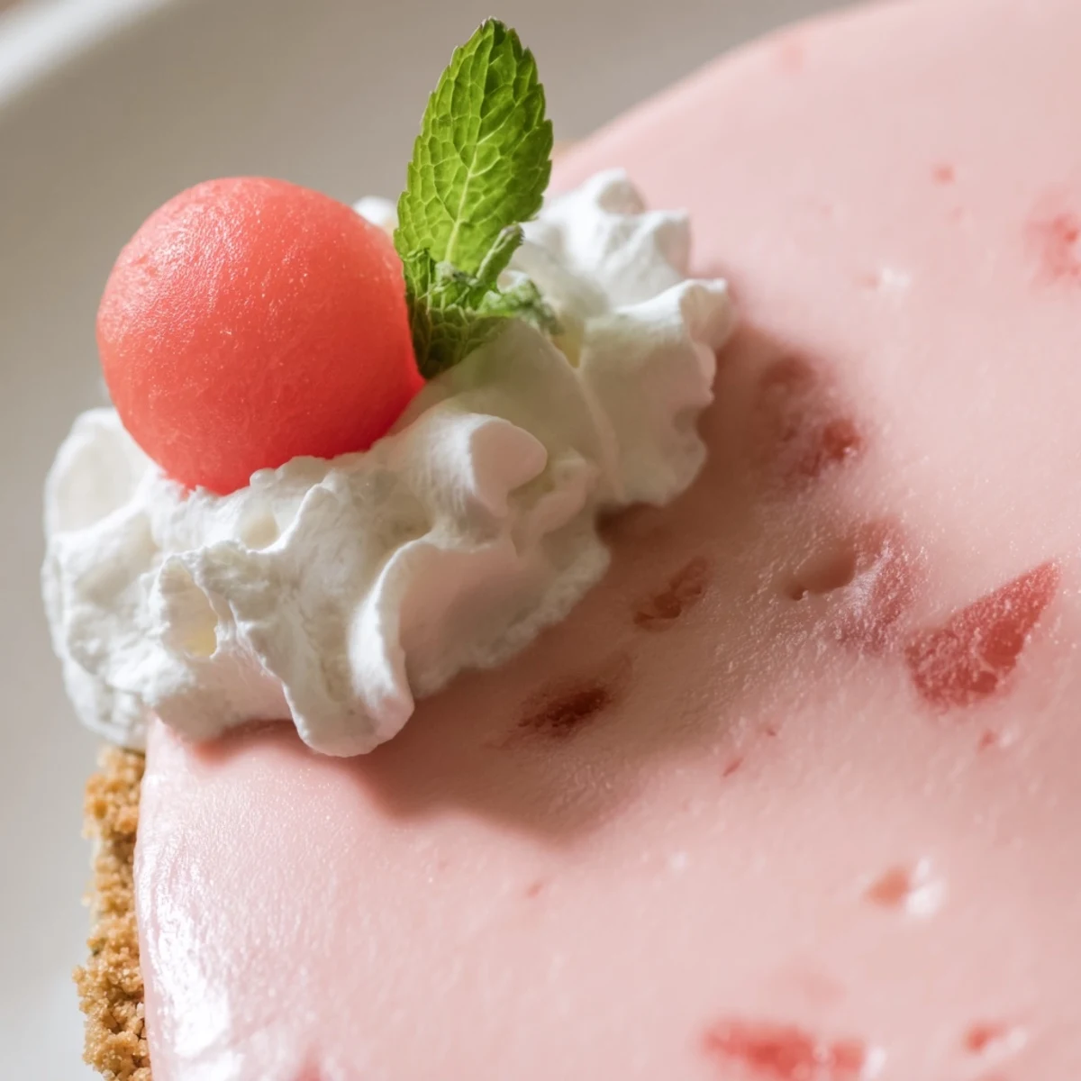 Chilled watermelon pie featuring a creamy pink filling nestled in a golden graham cracker crust