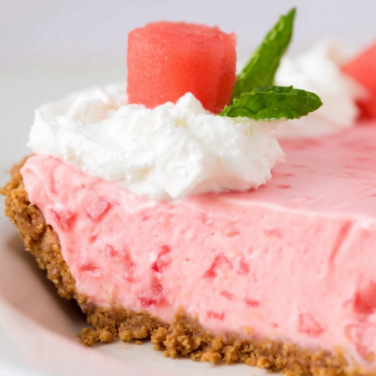 Slice of refreshing watermelon pie garnished with fresh mint and topped with fluffy whipped cream