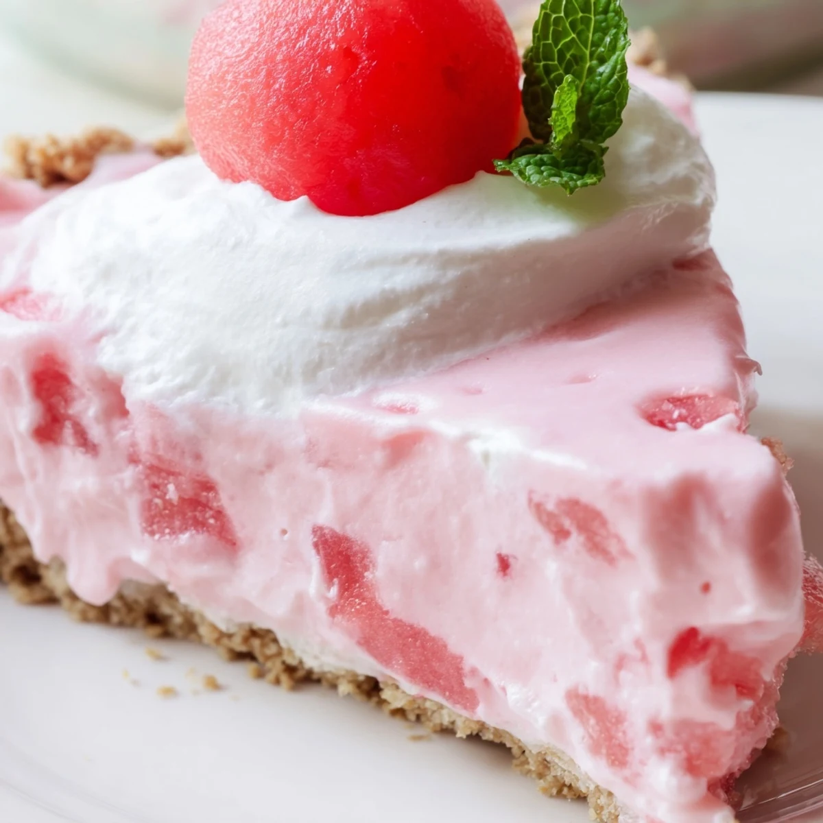 Summer watermelon pie showcasing vibrant pink filling in a crunchy crust, garnished with watermelon wedges