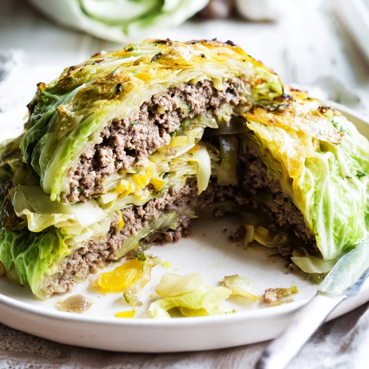 Golden oven baked cabbage burger wrapped in tender green leaves on white baking sheet