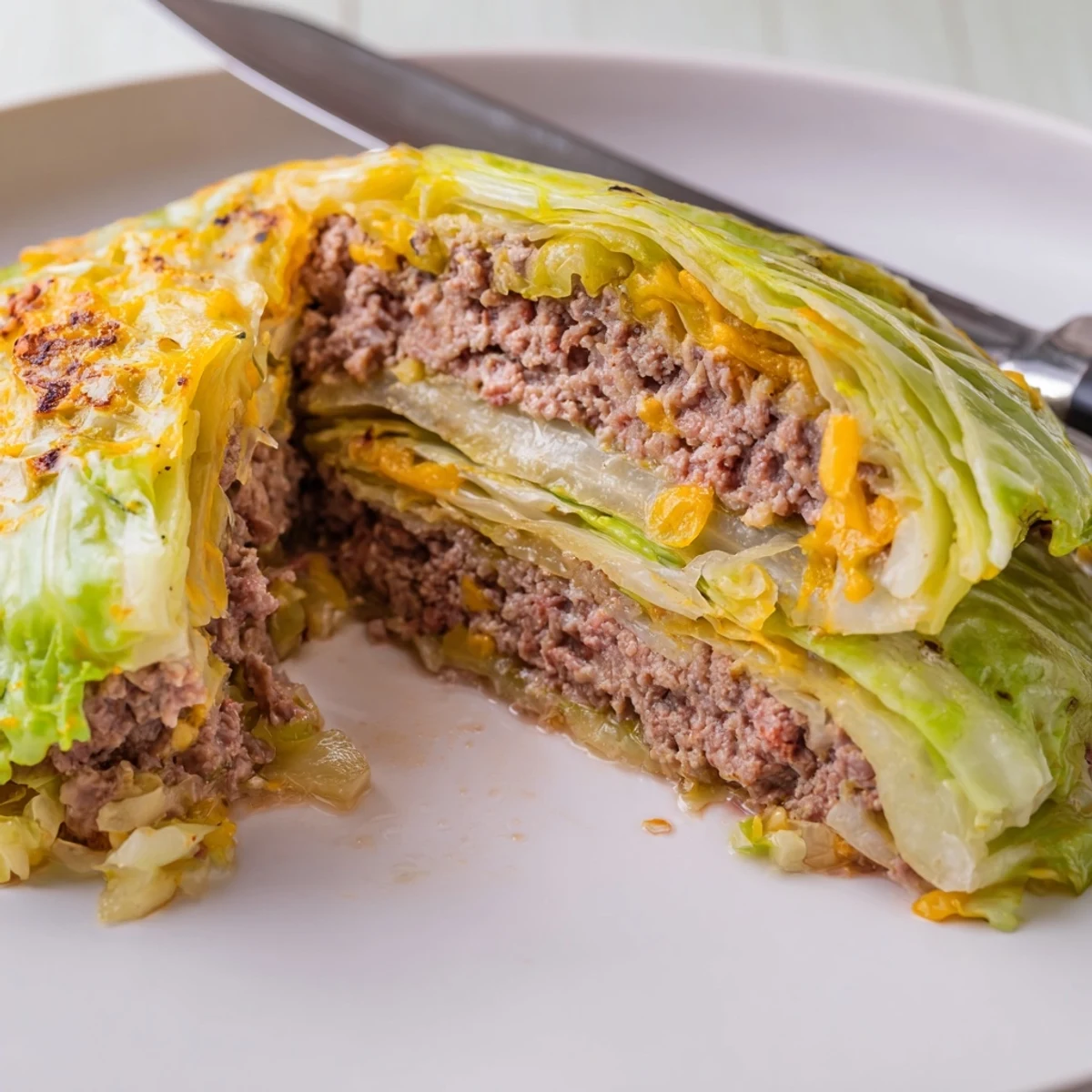 Juicy oven baked cabbage burger nestled inside blanched cabbage leaves with melted cheddar cheese