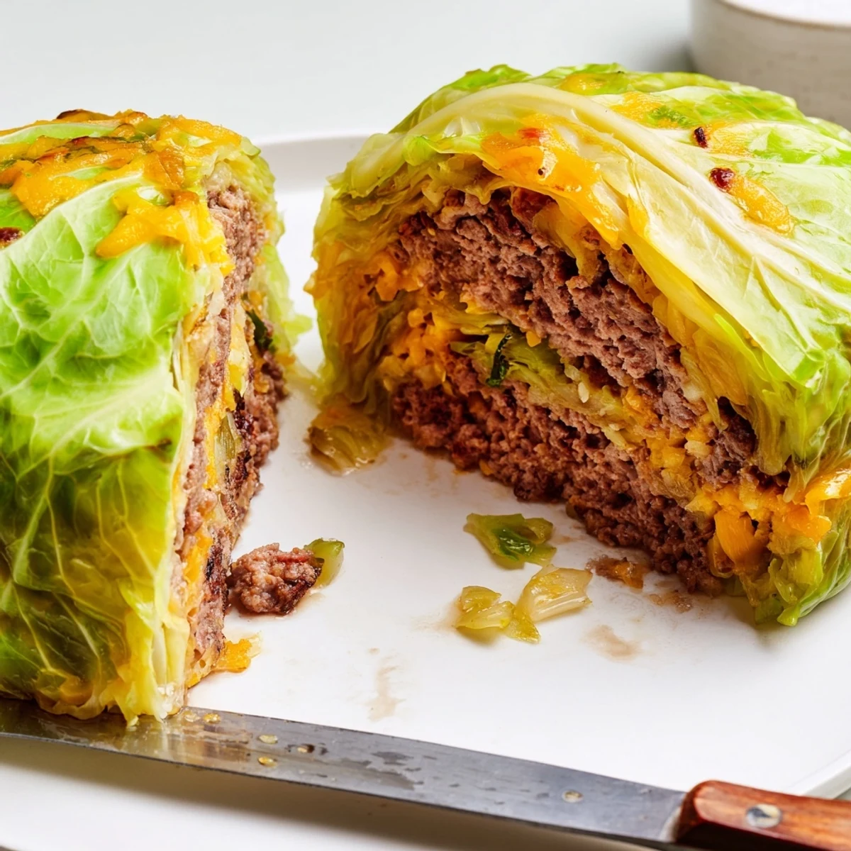 Low carb oven baked cabbage burger plated with fresh cabbage wraps and savory beef filling