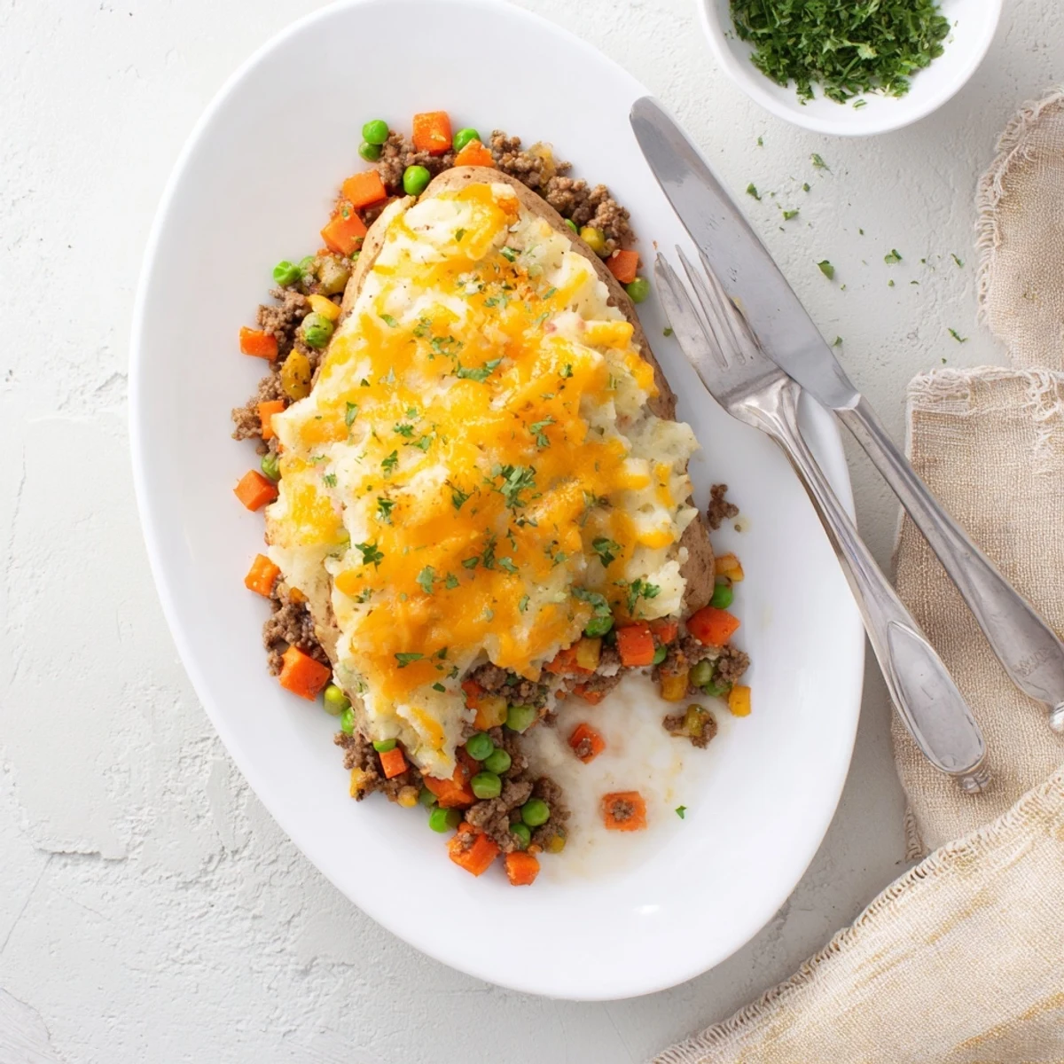 Golden shepherds pie baked potato with fluffy mashed topping and savory lamb filling