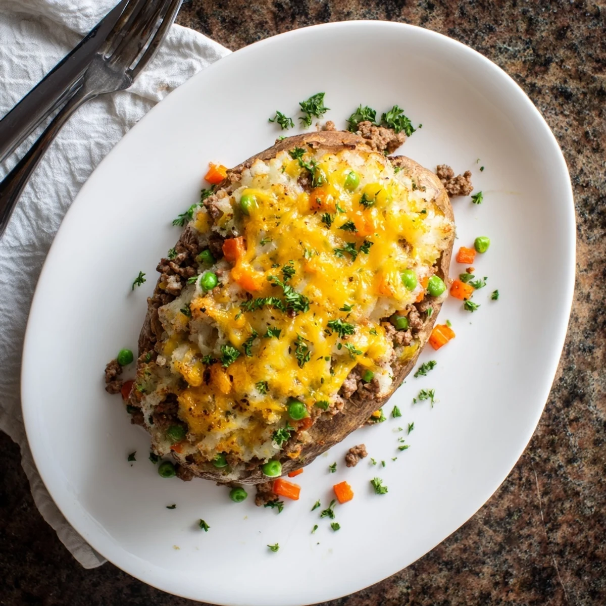 Crispy baked potato topped with rich shepherd's pie filling and melted buttery mash