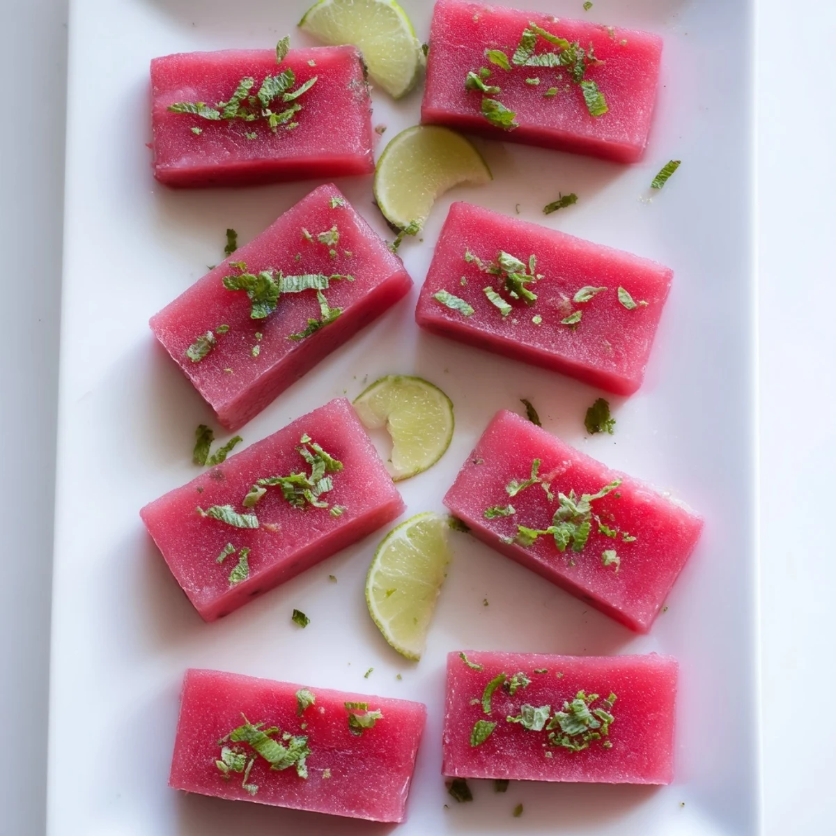 Pink frozen watermelon lime dessert squares dusted with zest and mint for summer parties
