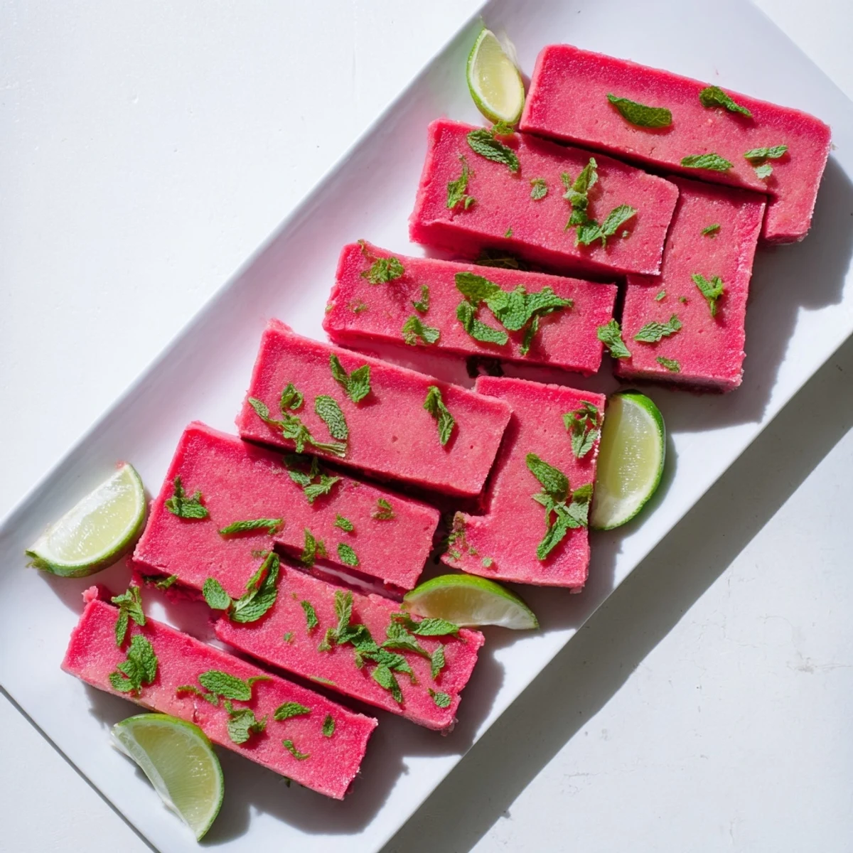 Frozen watermelon lime bars garnished with fresh mint and lime wedges on a white plate
