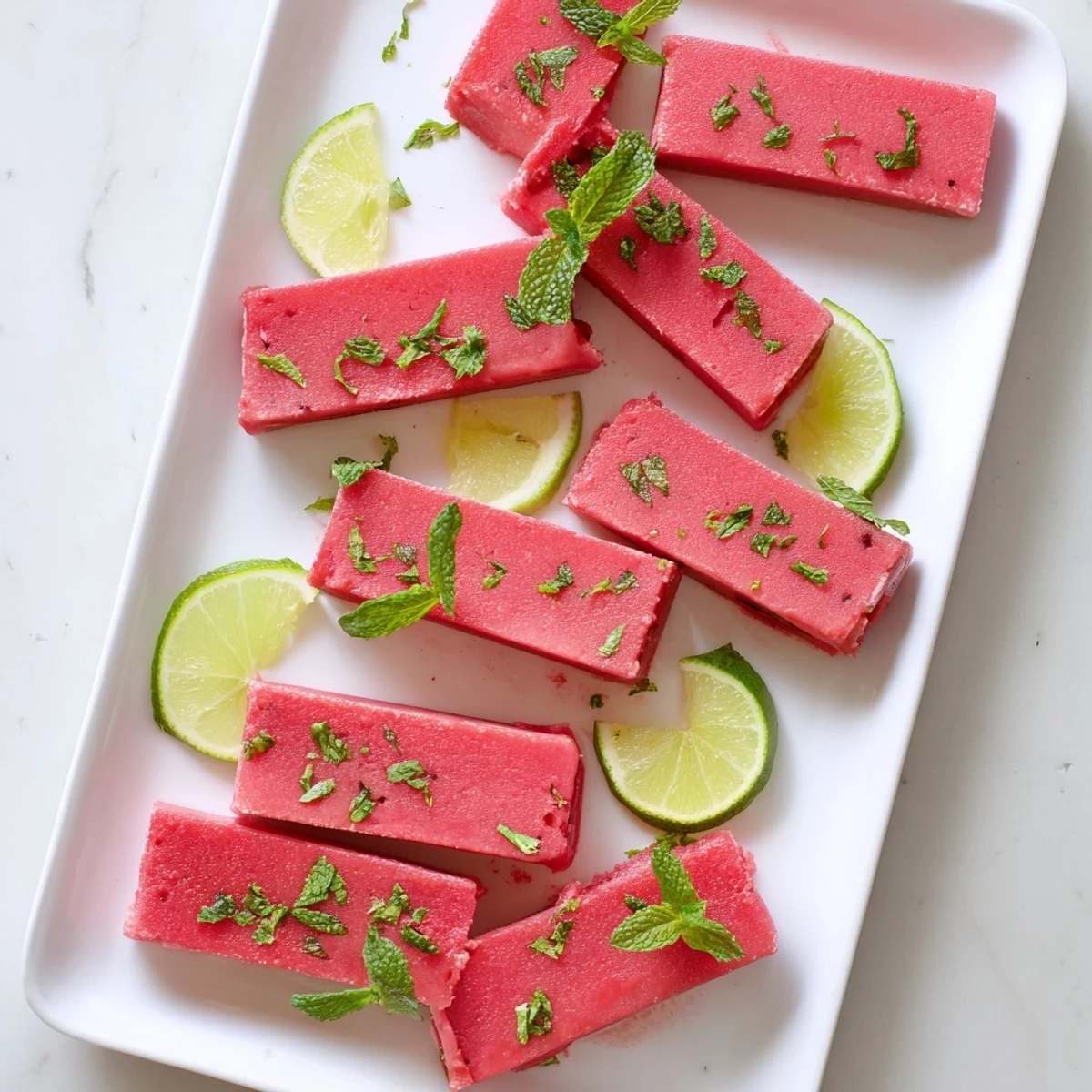 Refreshingly sweet frozen watermelon lime bars cut into squares and ready to serve chilled