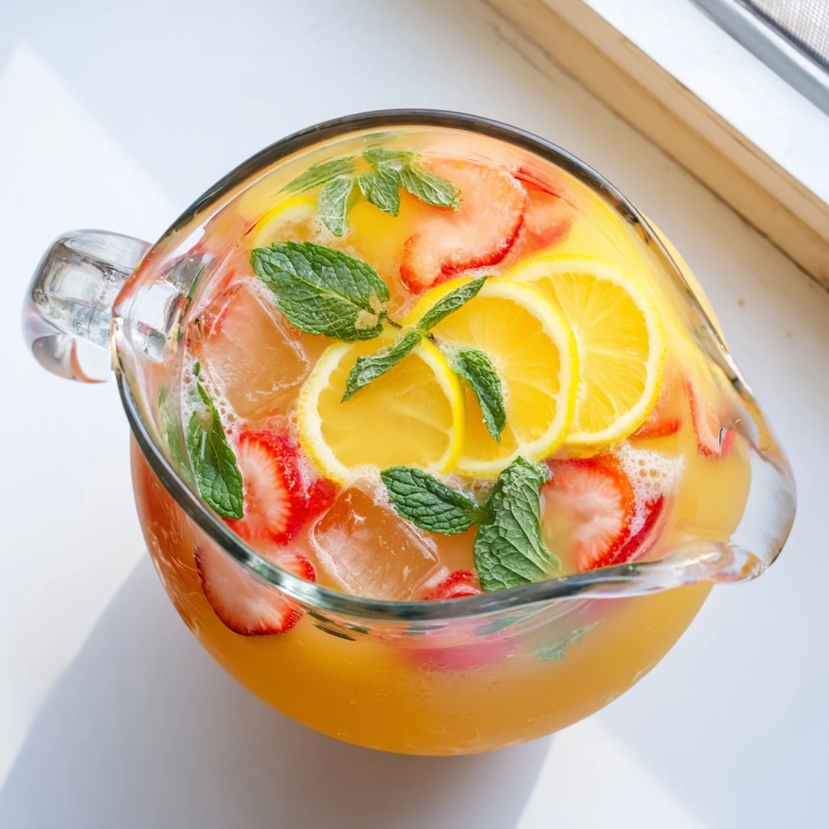 Golden mango strawberry lemonade with fresh mint garnish and floating ice cubes in a clear glass pitcher
