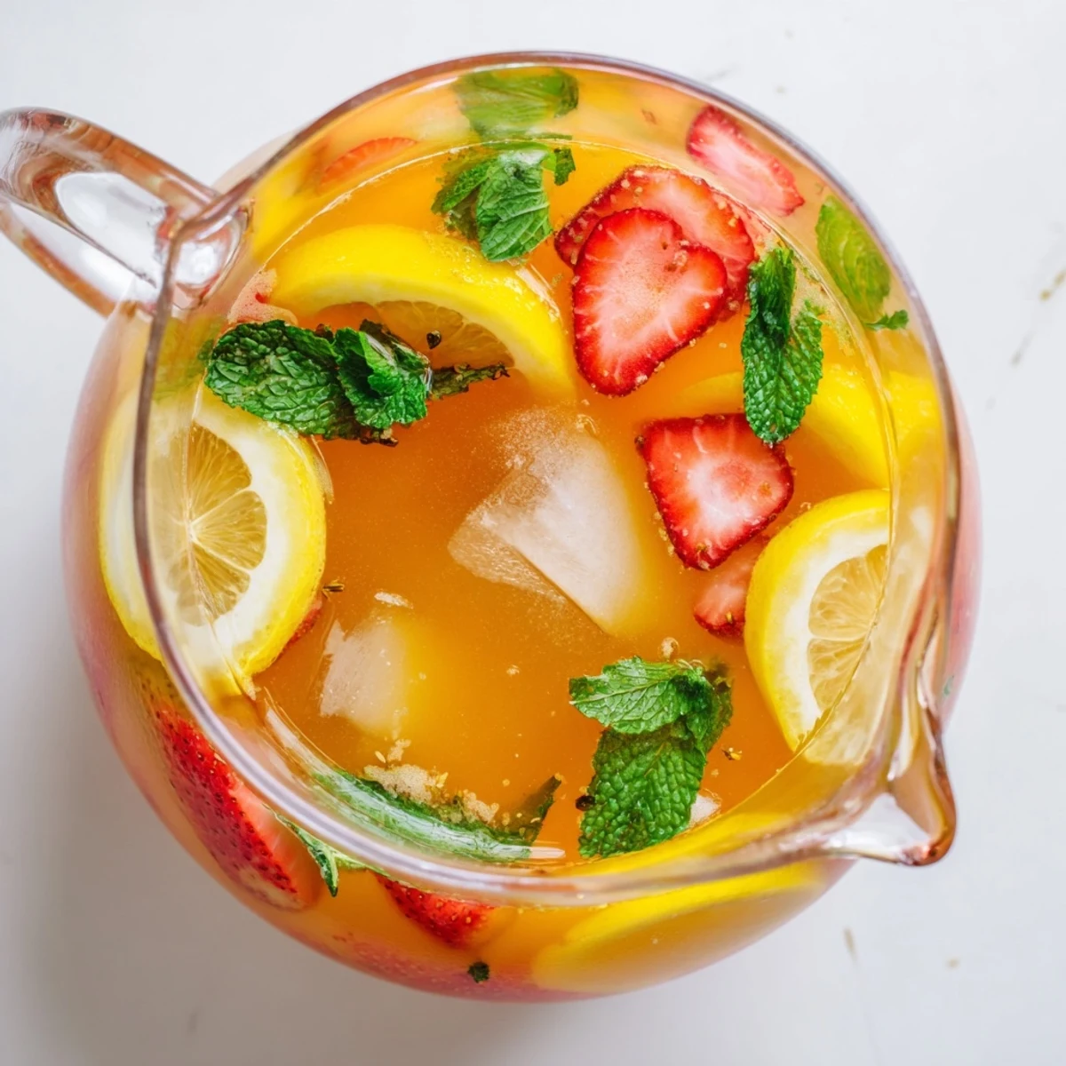 Tropical mango strawberry lemonade refreshing summer bliss with colorful fruit slices and condensation on chilled serving glass