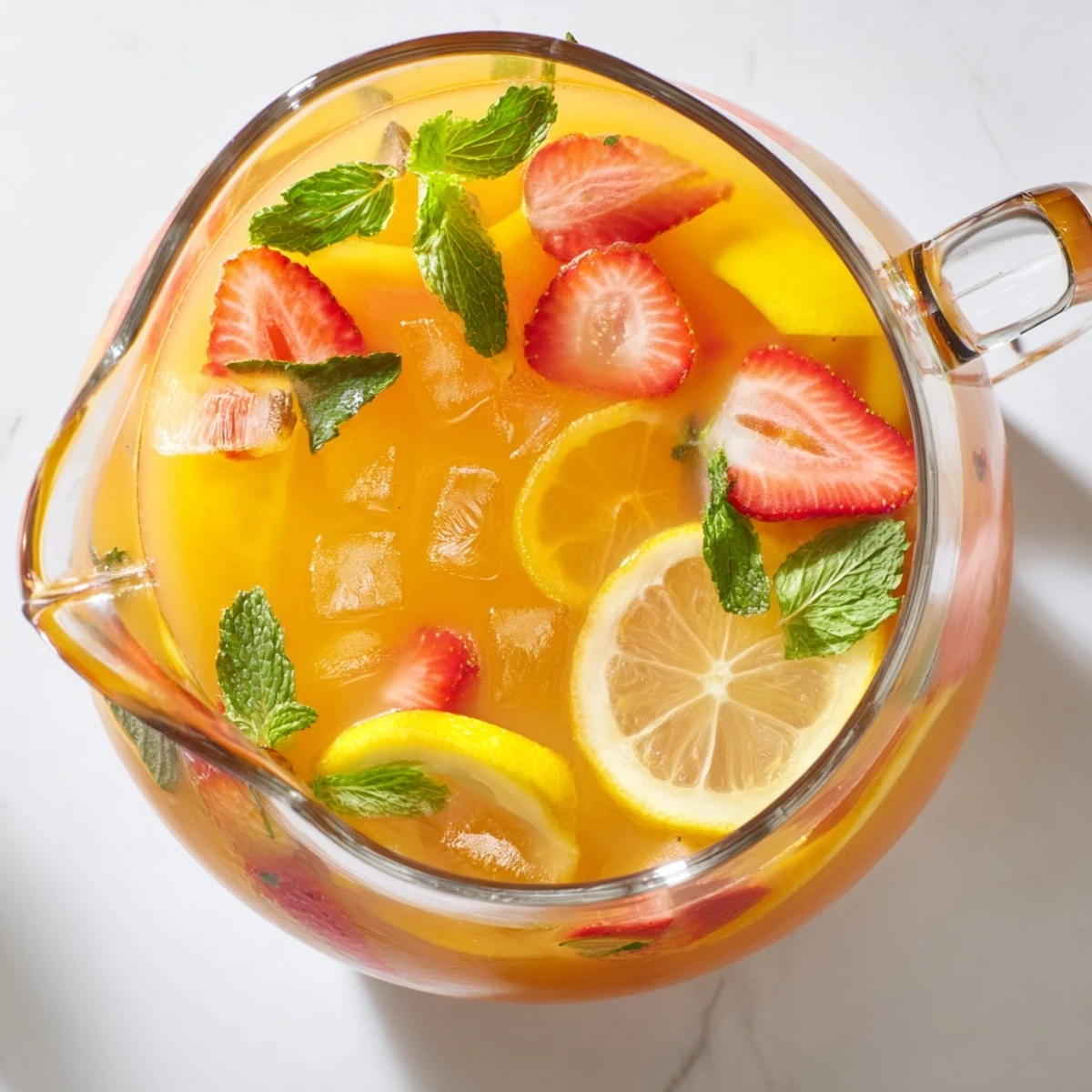 Vibrant yellow mango strawberry lemonade drizzled with fruit puree swirls and garnished with fresh mint leaves and lemon wheels
