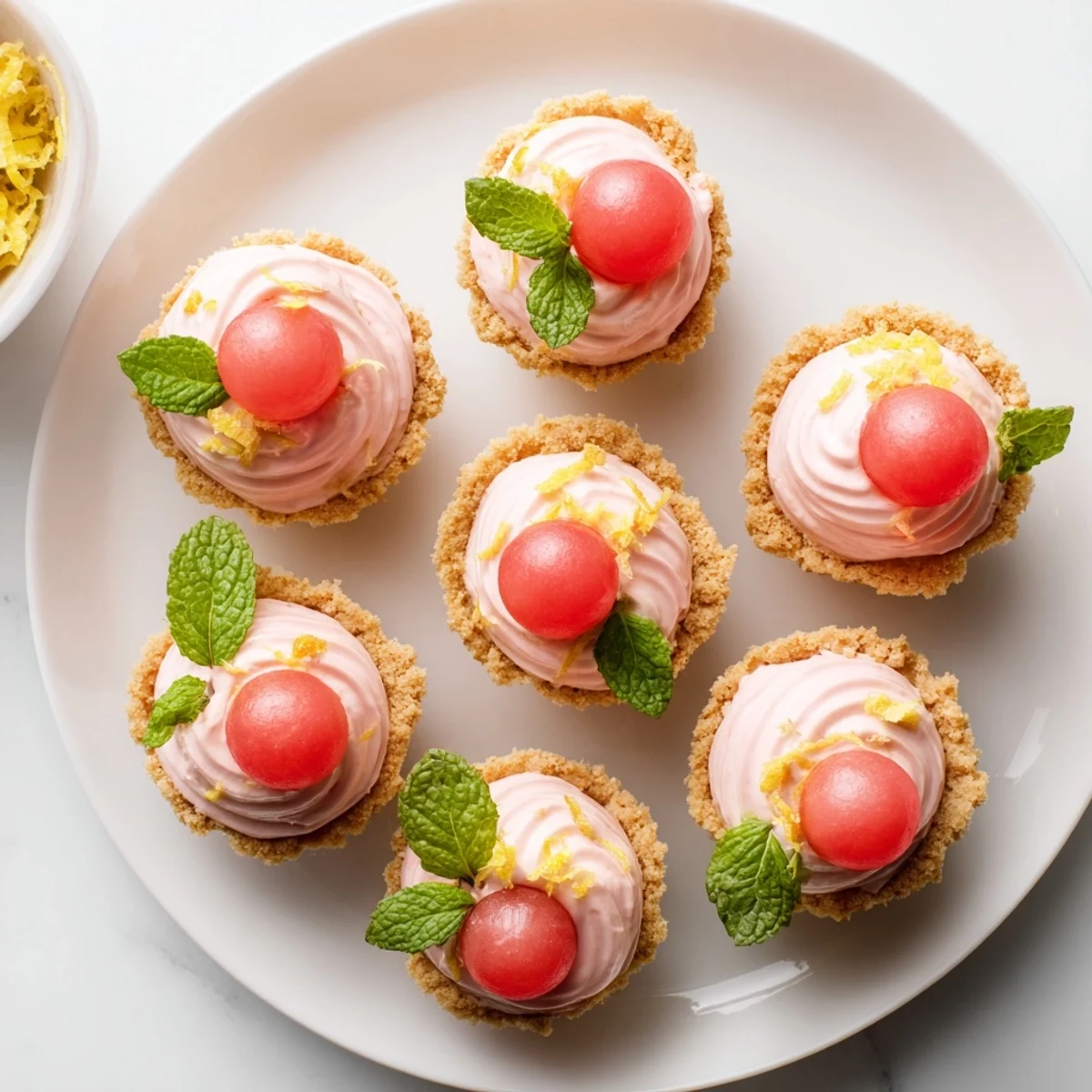 Refreshing frozen watermelon lemon cream tarts topped with fresh watermelon balls and lemon zest on white plate