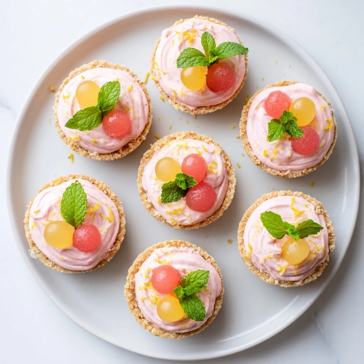 Frozen watermelon lemon cream tarts in graham cracker shells with swirled pink layers and mint garnish