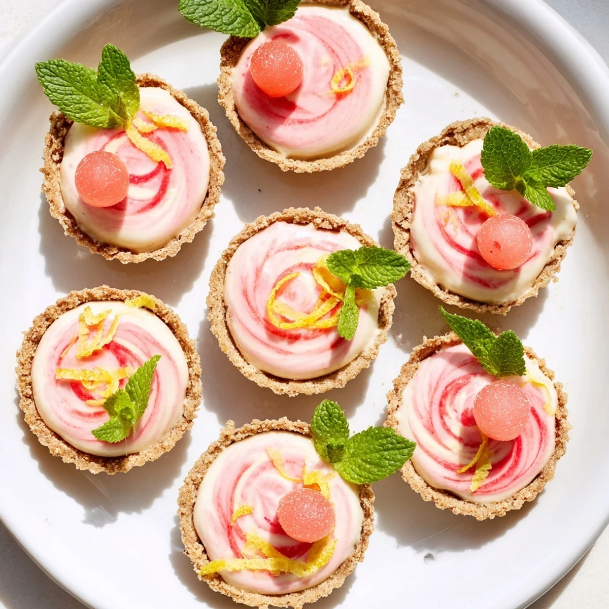 Pink swirled frozen watermelon lemon cream tarts in crisp shells garnished with mint for summer dessert